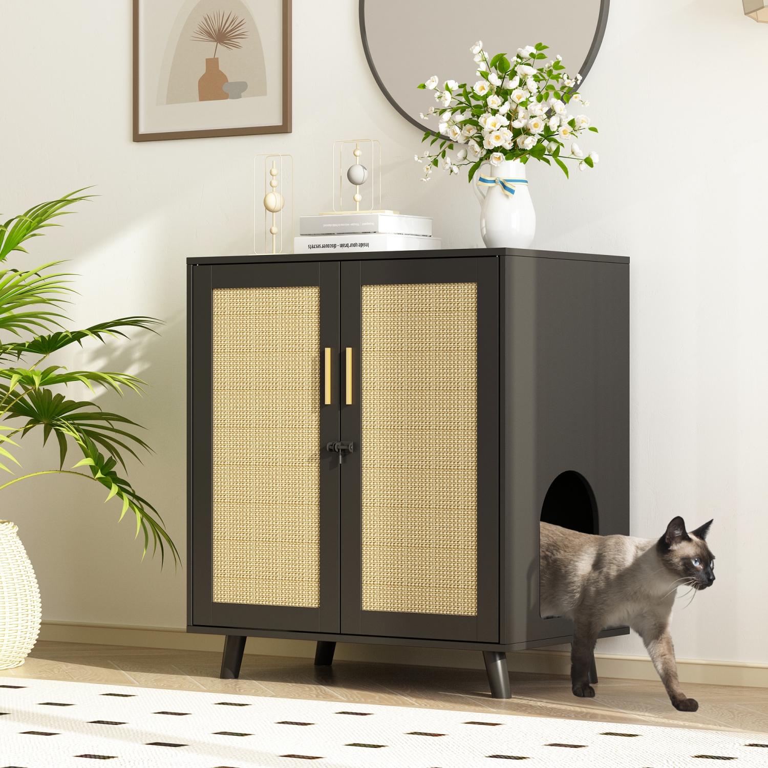 Armoire moderne Famapy Cat avec portes doubles, trous de ventilation et rotin), noir et jaune