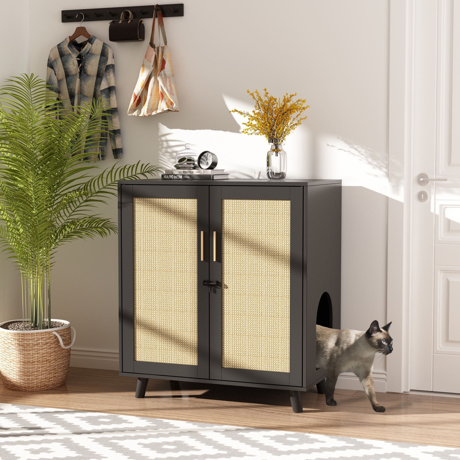 Armoire moderne Famapy Cat avec portes doubles, trous de ventilation et rotin), noir et jaune