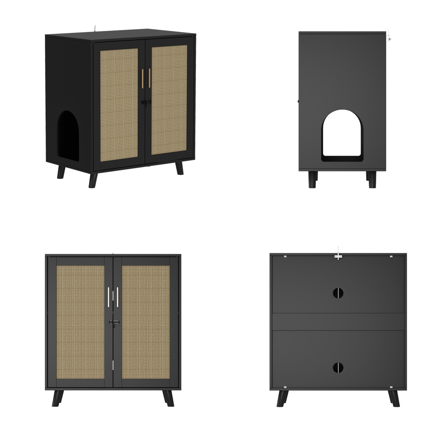 Armoire moderne Famapy Cat avec portes doubles, trous de ventilation et rotin), noir et jaune