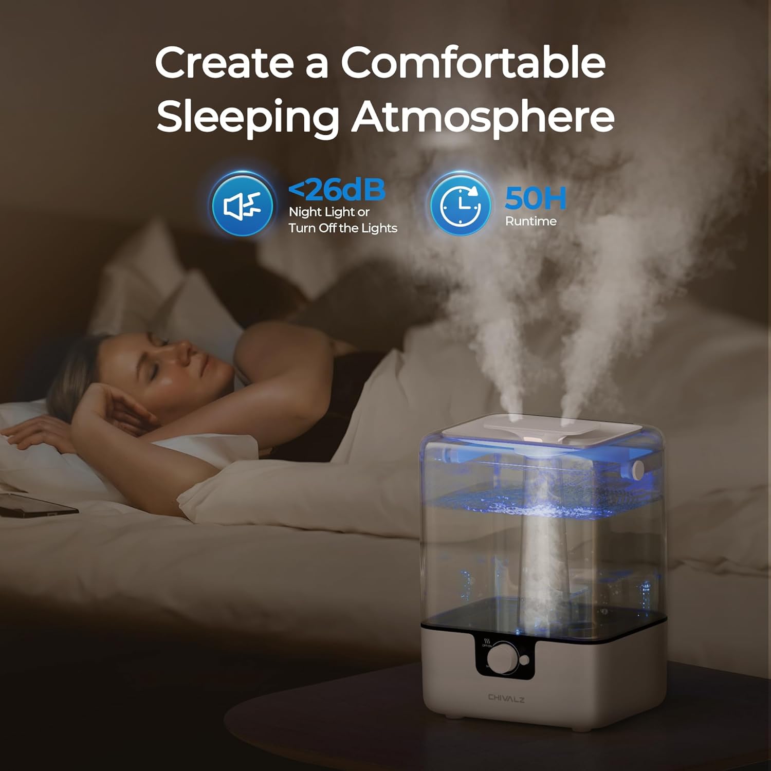 ChiVALZ – Humidificateur à vapeur froide pour plantes et chambre de bébé, silencieux 26&nbsp;dB, veilleuse, fonctionnement 50H heures, diffuseur