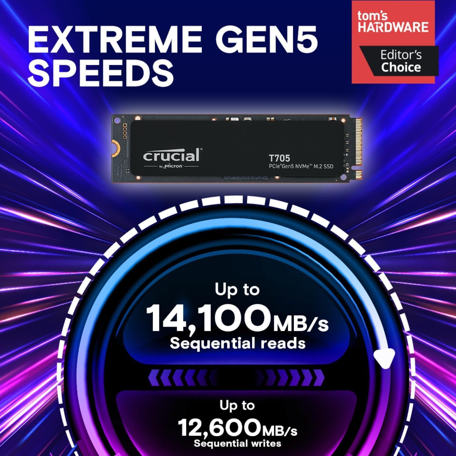 New 2024 Crucial T705 4TB PCIe Gen5 NVMe M.2 SSD - Up to 14,100 MB/s - Game Ready - Internal Solid State Drive - +1mo Adobe CC - CT4000T705SSD3
