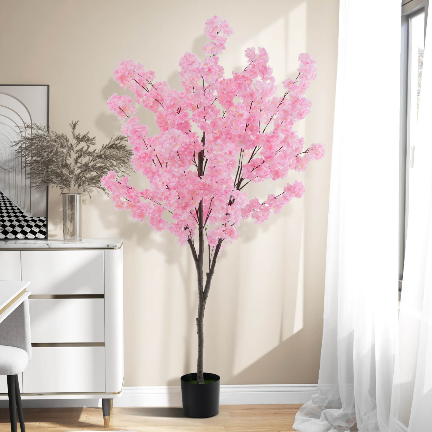 Costway 6.5 FT 1 PCS Tall Artificial Cherry Blossom Tree with 900 Pink Flowers Cement-filled