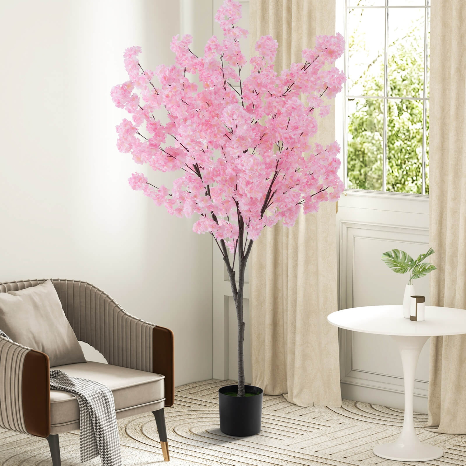 Costway 6.5 FT 1 PCS Tall Artificial Cherry Blossom Tree with 900 Pink Flowers Cement-filled