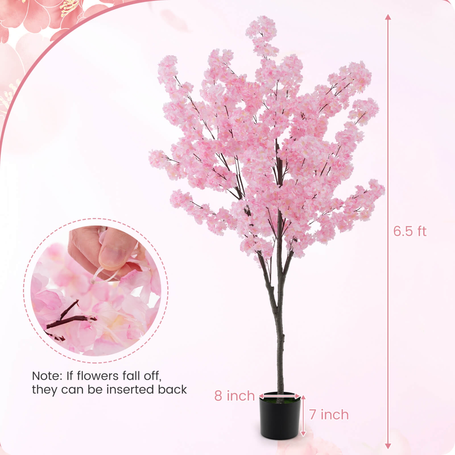 Costway 6.5 FT 2 PCS Tall Artificial Cherry Blossom Tree with 900 Pink Flowers Cement-filled