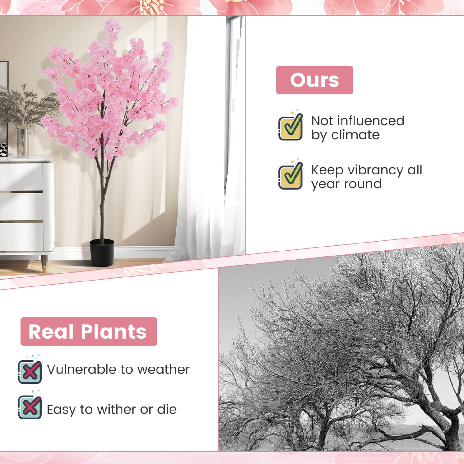 Costway 6.5 FT 2 PCS Tall Artificial Cherry Blossom Tree with 900 Pink Flowers Cement-filled