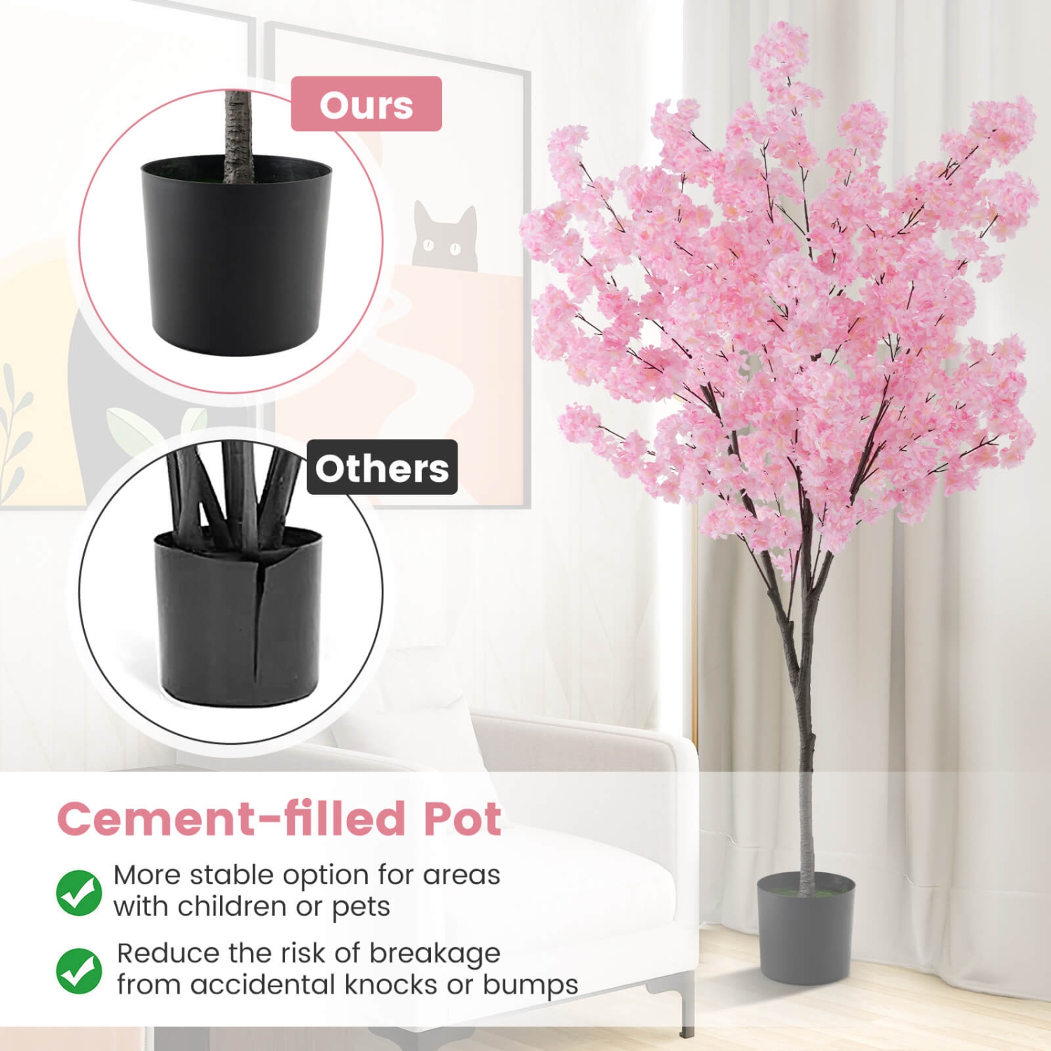 Costway 6.5 FT 2 PCS Tall Artificial Cherry Blossom Tree with 900 Pink Flowers Cement-filled