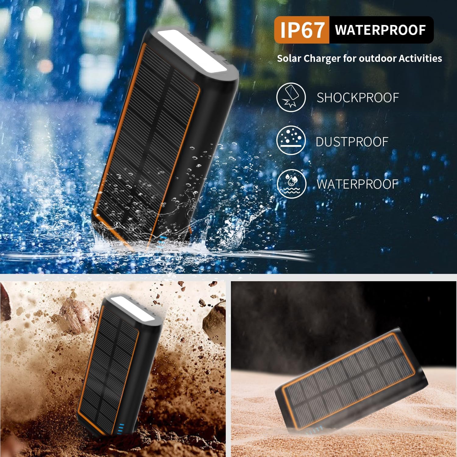 Chargeur solaire 61200&nbsp;mAh de Reezar, câbles 4 à manivelle intégrés, batterie externe PD 15&nbsp;W QC3,0 à chargement rapide, entrée/sortie de