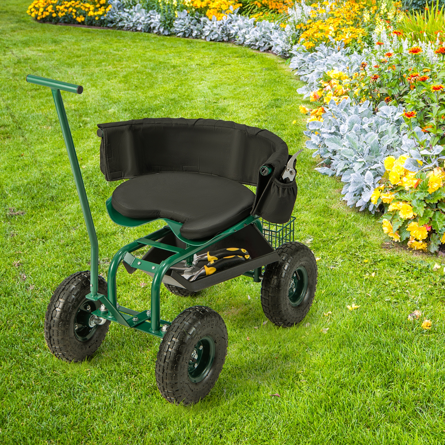 Costway Rolling Garden Cart Outdoor Gardening Workseat with Adjustable Height&Tool Storage