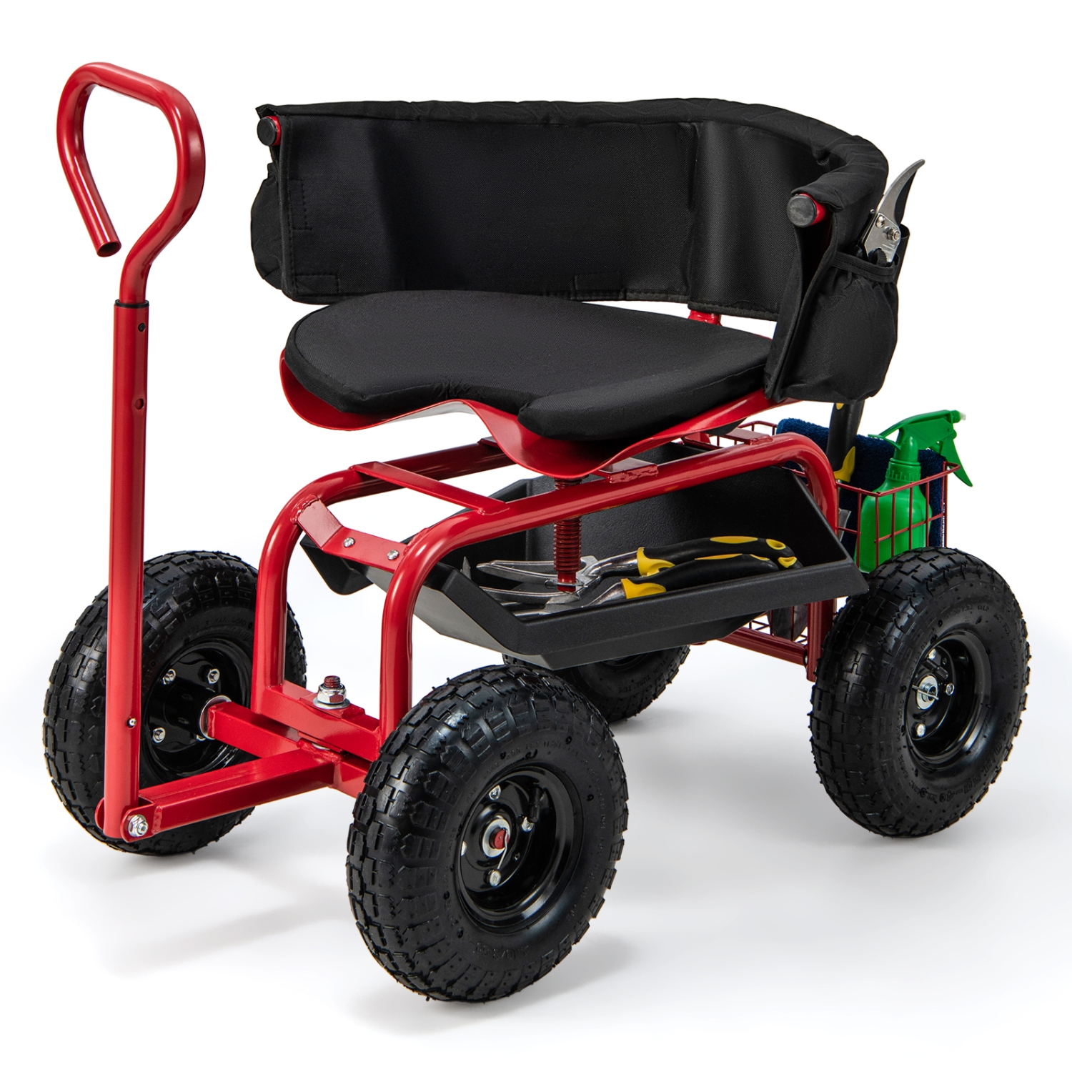 Costway Rolling Garden Cart Height Adjustable Scooter with Swivel Seat & ToolStorage