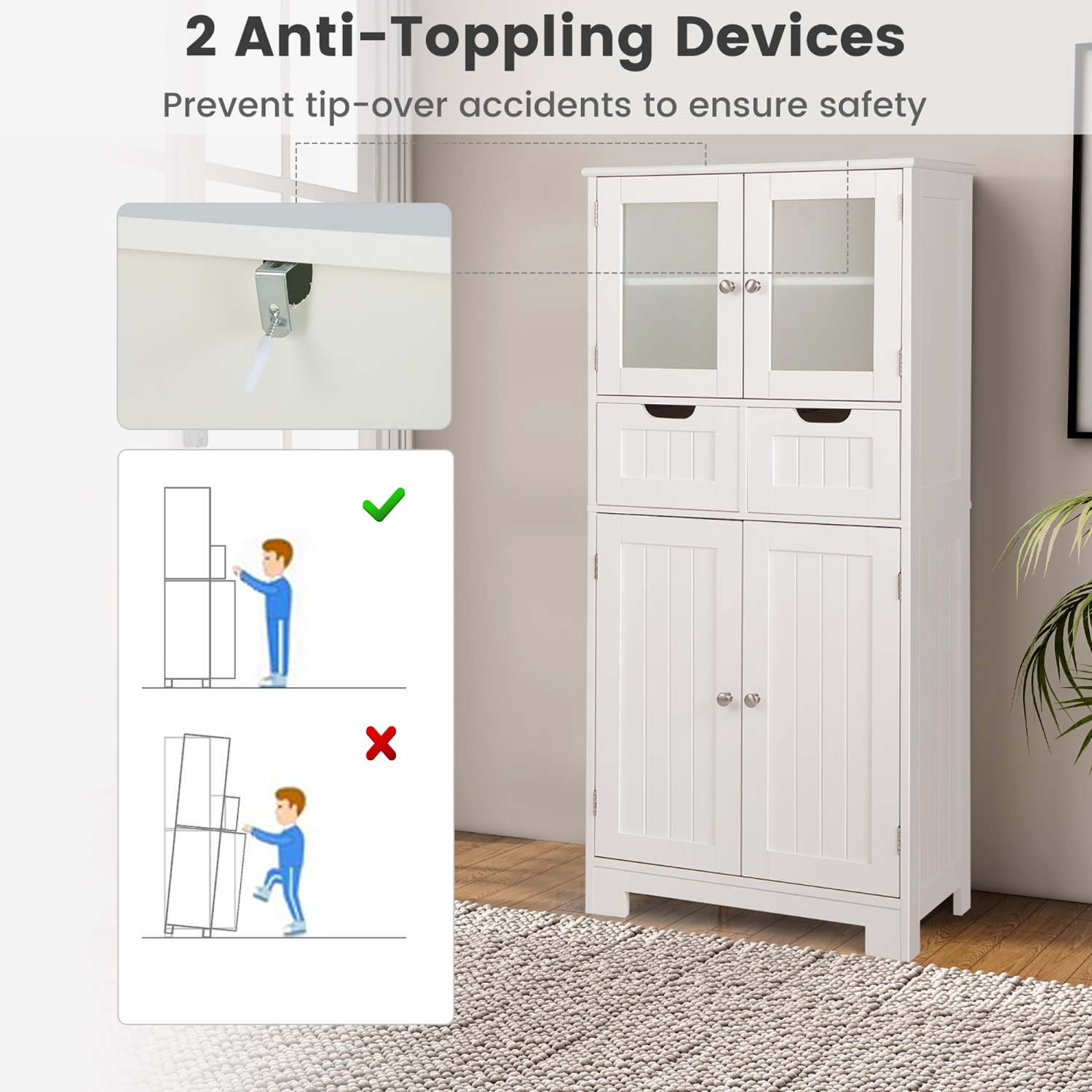 Costway Bathroom Floor Storage Cabinet Kitchen Cupboard W/ 2 Drawers & Glass DoorsWhite