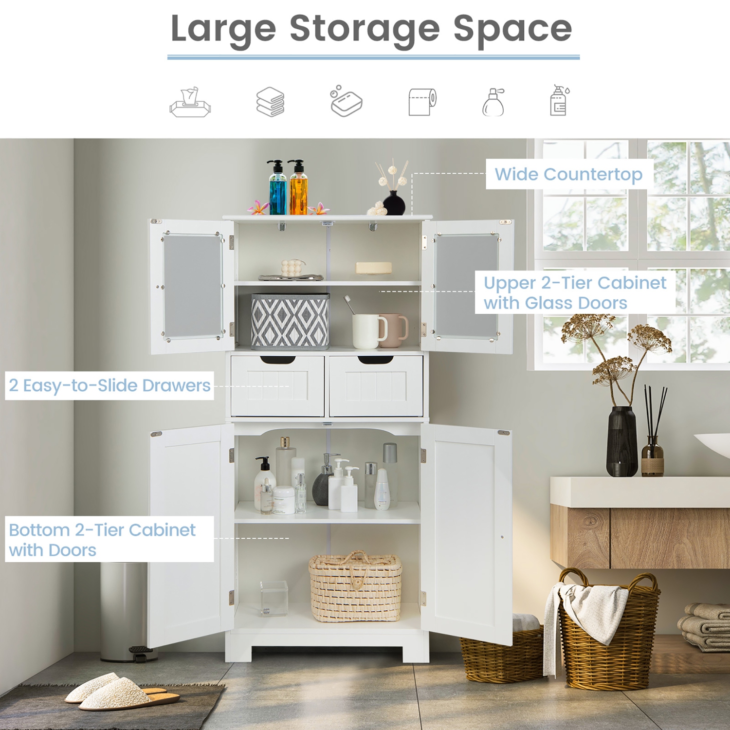 Costway Bathroom Floor Storage Cabinet Kitchen Cupboard W/ 2 Drawers & Glass DoorsWhite