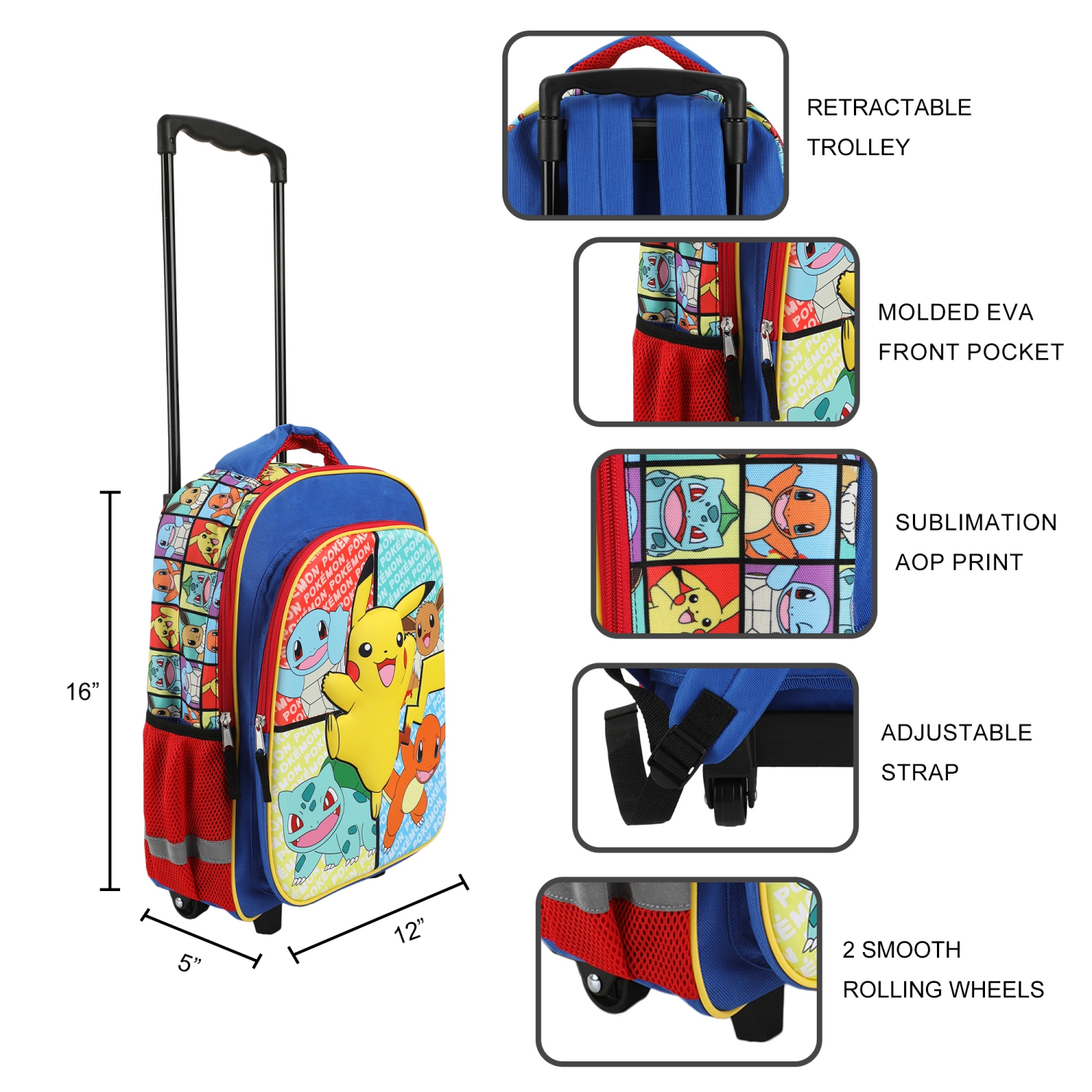 Pokémon Generation 1 Characters Kids 16" Rolling Backpack with Retractable Handle
