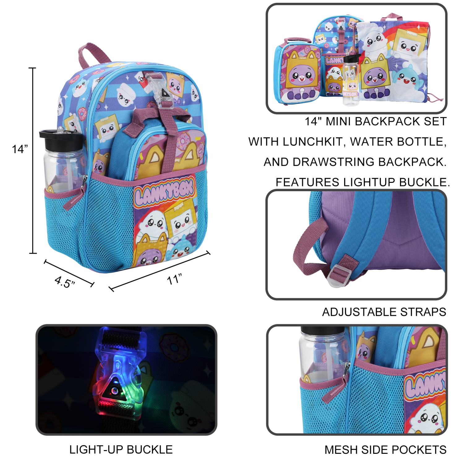 LankyBox Group Shot Kids 14" Backpack and Lunch Bag 4 Piece Set