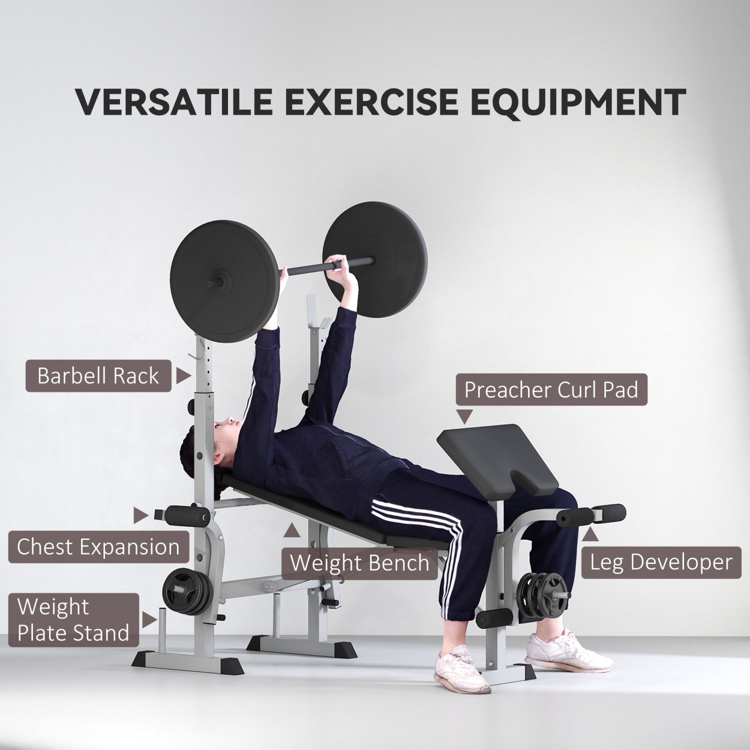 Soozier Adjustable Weight Bench with Squat Rack, Preacher Curl Pad, Leg Developer, Butterfly, and Weight Storage, Multi-Function Bench Press Set for