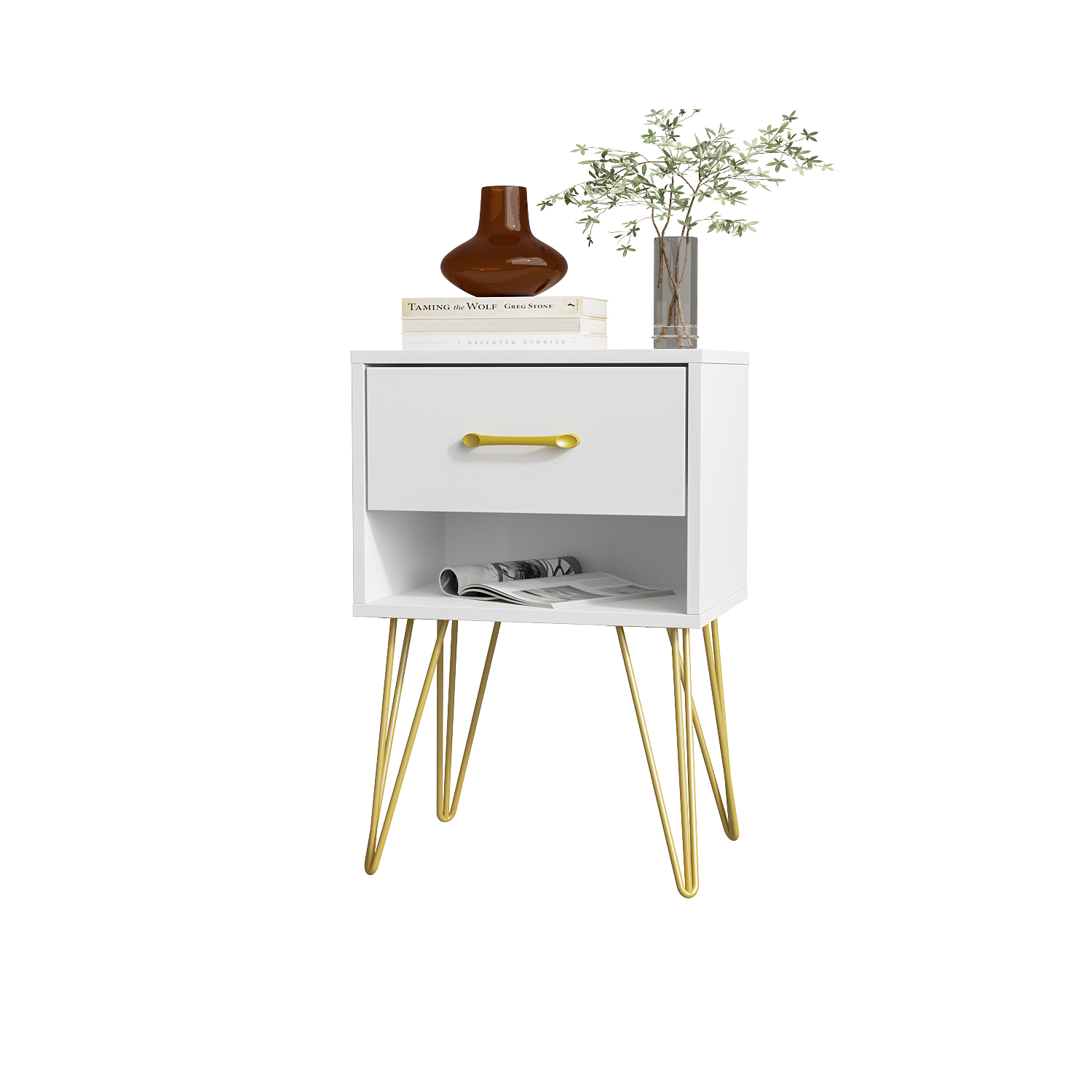 Famapy Modern Nightstand with Gold Accents and Spacious Storage for Bedroom or Living Room White