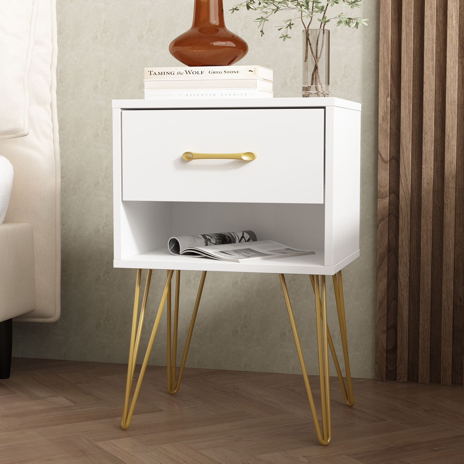 Famapy Modern Nightstand with Gold Accents and Spacious Storage for Bedroom or Living Room White