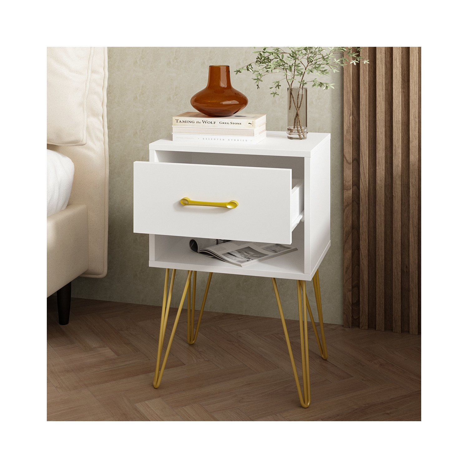 Famapy Modern Nightstand with Gold Accents and Spacious Storage for Bedroom or Living Room White