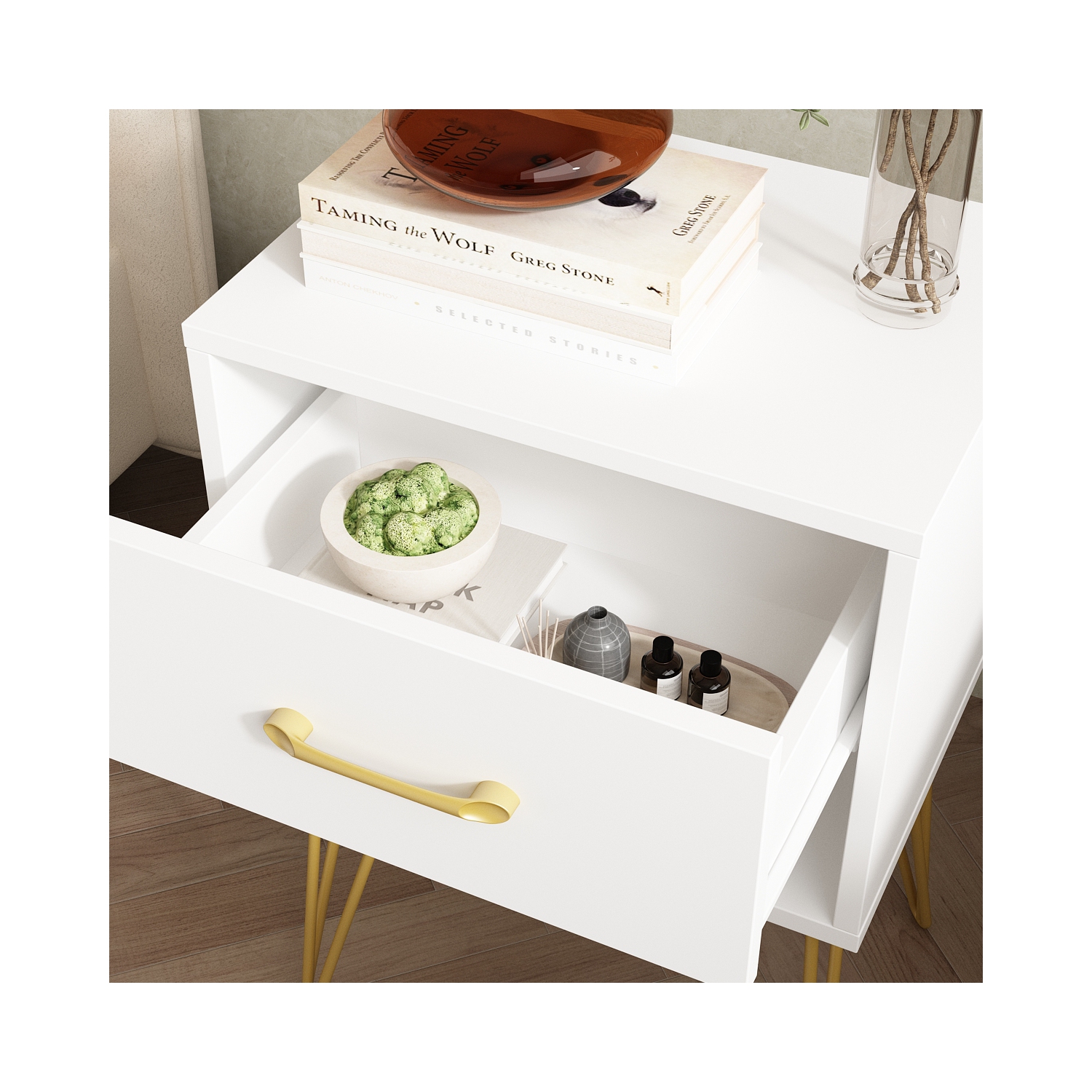 Famapy Modern Nightstand with Gold Accents and Spacious Storage for Bedroom or Living Room White