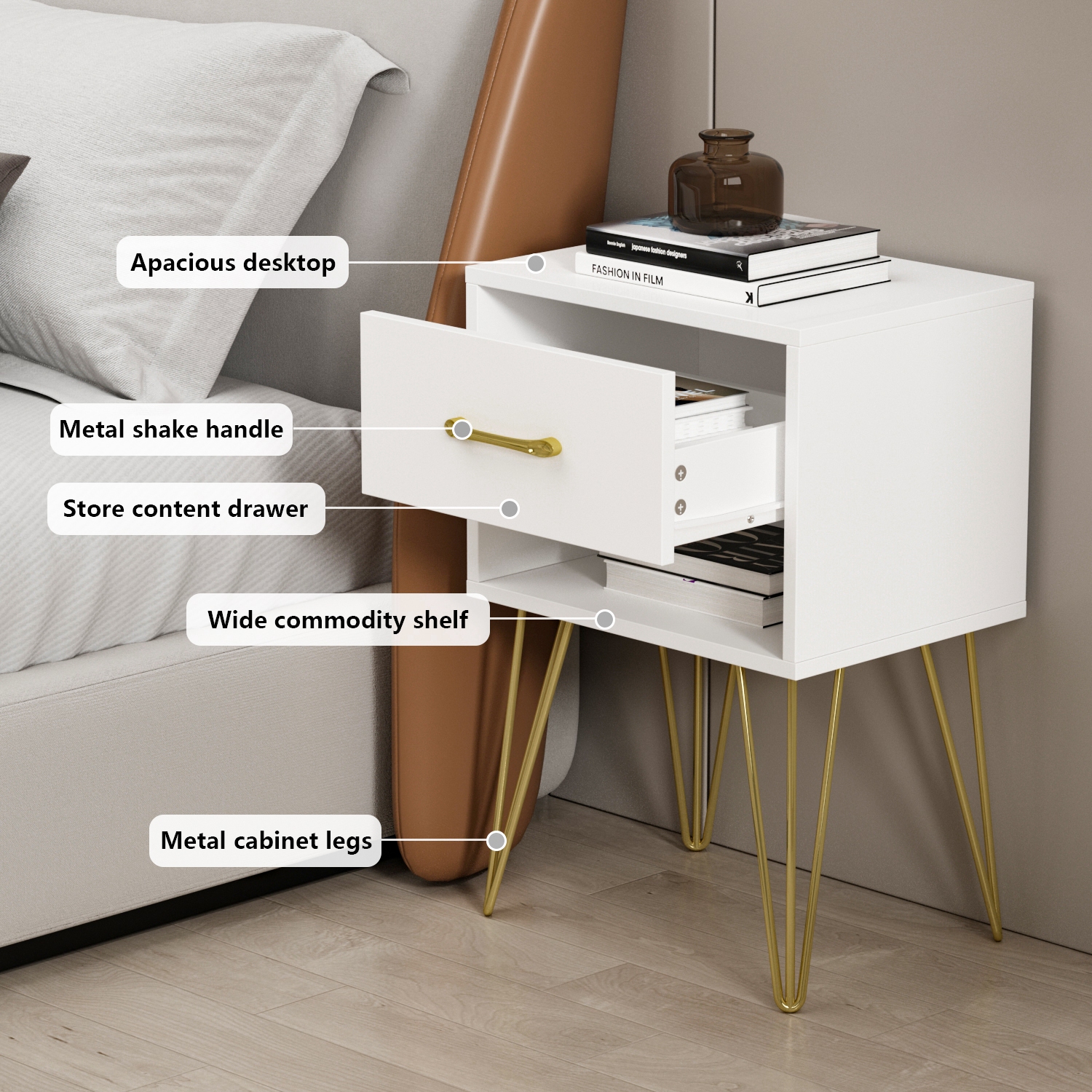 Famapy Modern Nightstand with Gold Accents and Spacious Storage for Bedroom or Living Room White