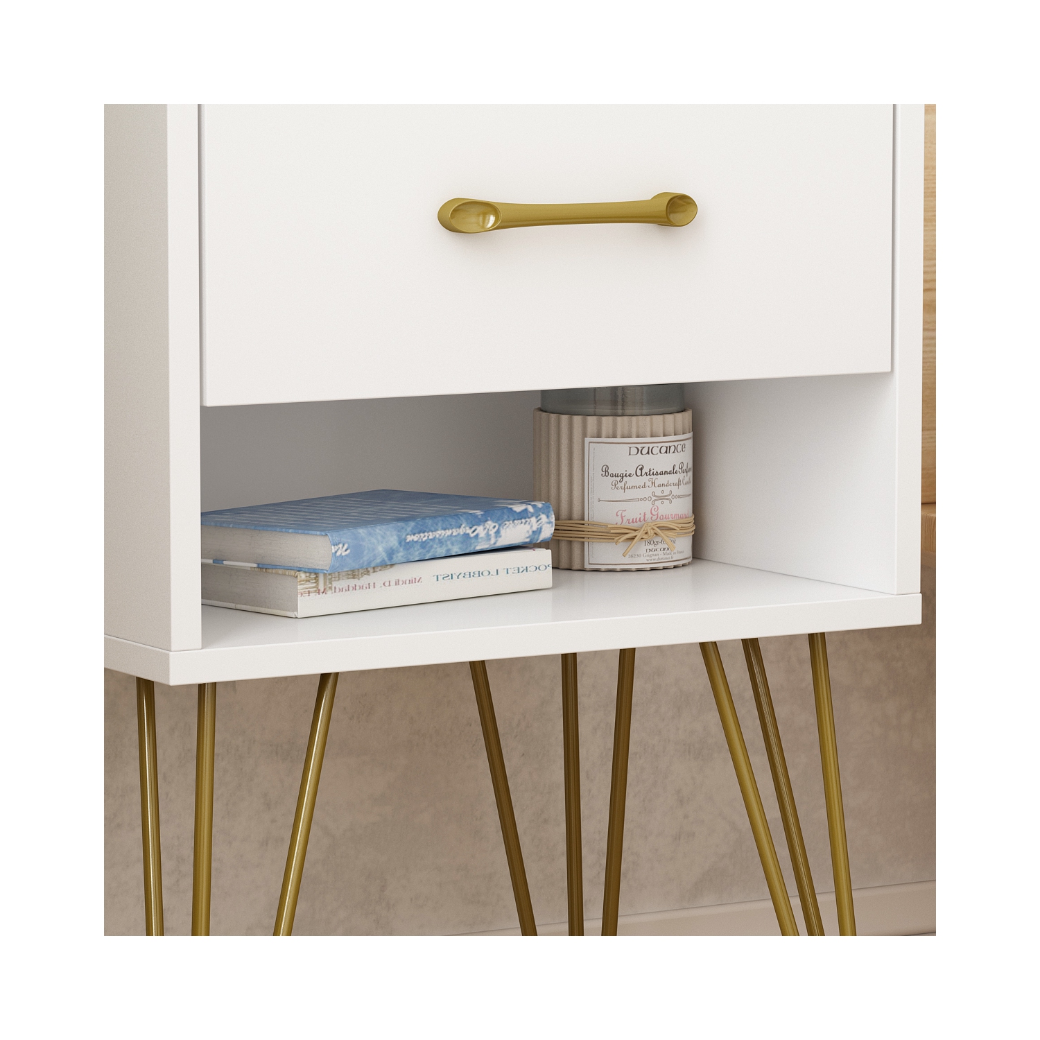 Famapy Modern Nightstand with Gold Accents and Spacious Storage for Bedroom or Living Room White