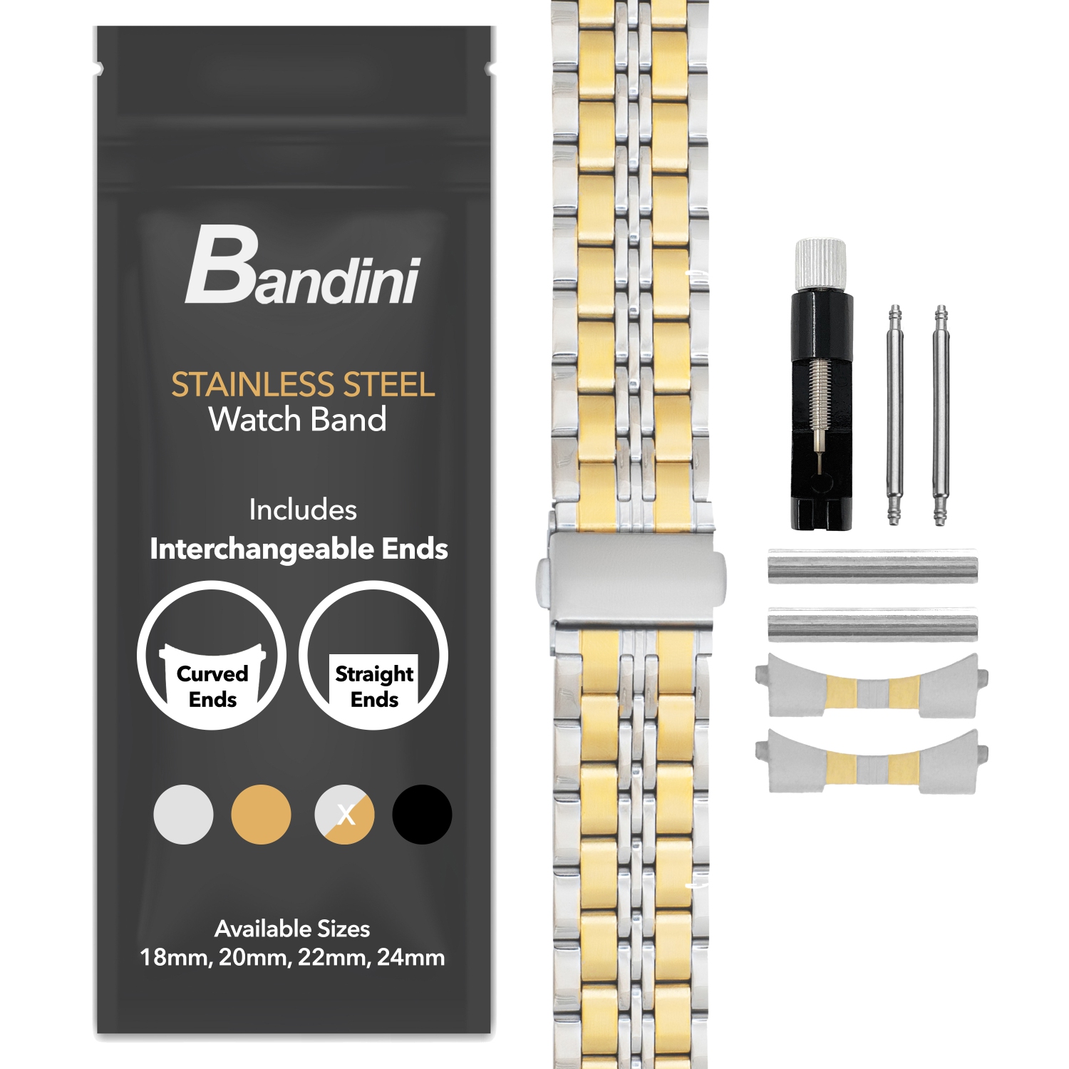 Bandini 22mm Metal Watch Band for Samsung Galaxy Watch3, Gear 2, S3, Also Fits Garmin Vivoactive 4, Venu 2, 3, Forerunner - Two-Tone