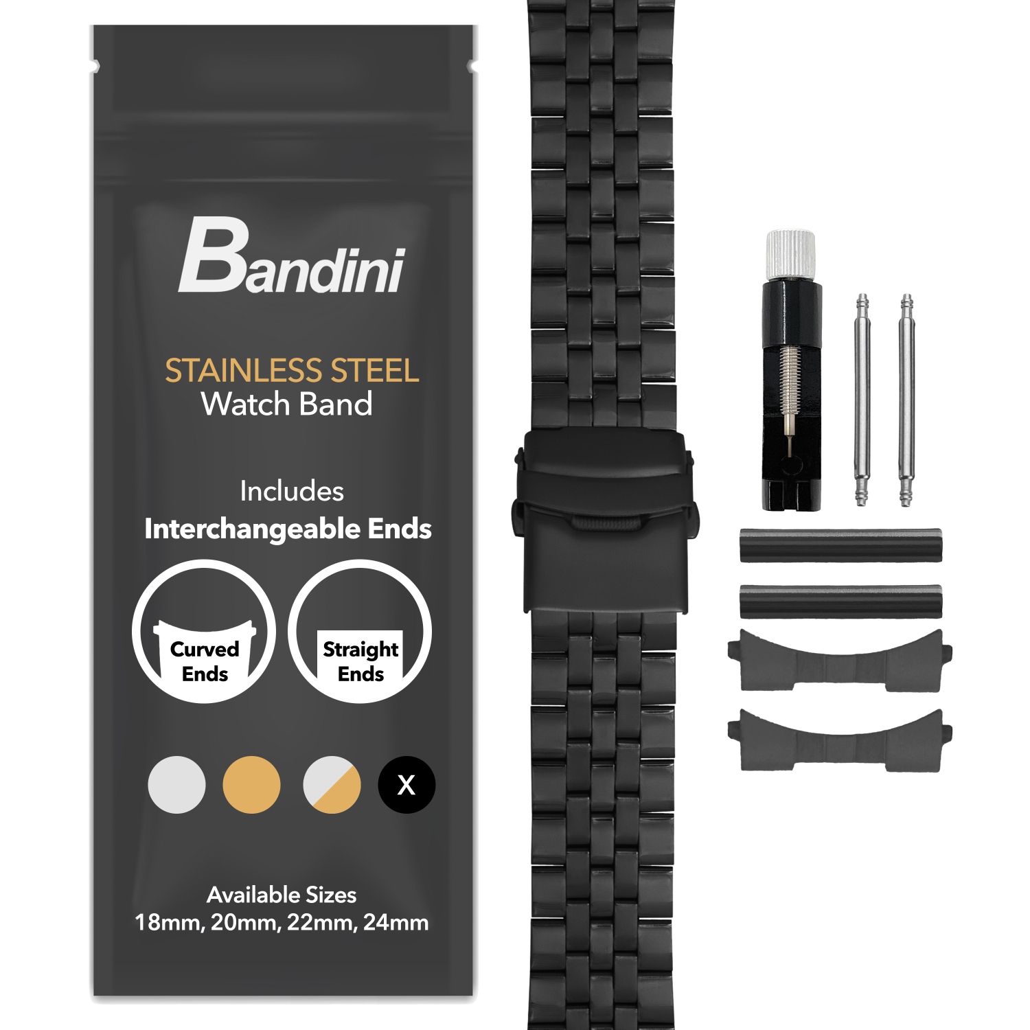 Bandini 20mm Metal Watch Band for Samsung Galaxy Watch6 5 4, Active, Also Fits Garmin Vivoactive 5, Vivomove 3, 1, Venu SQ - Black