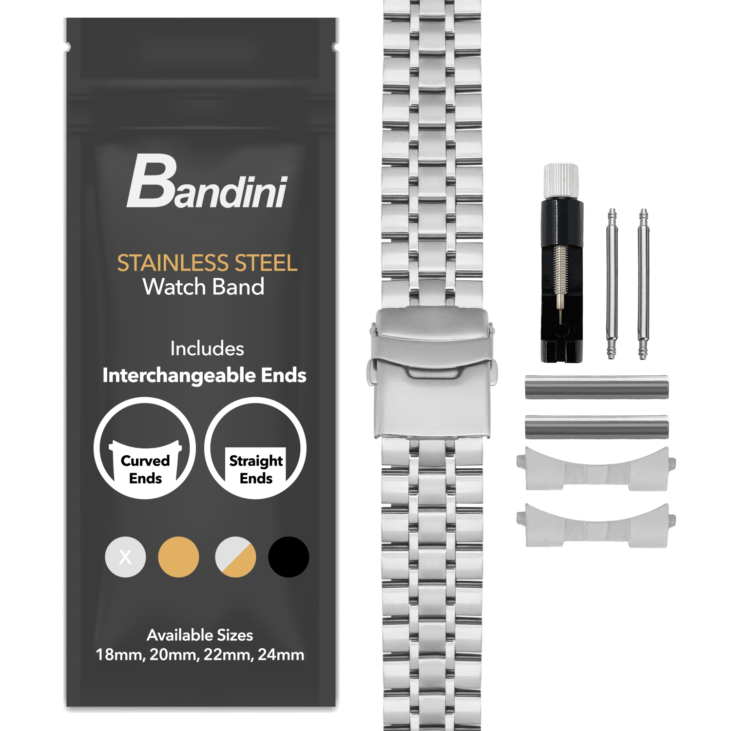 Bandini 18mm Stainless Steel Metal Watch Band, Universal Smartwatch Band - Silver Tone