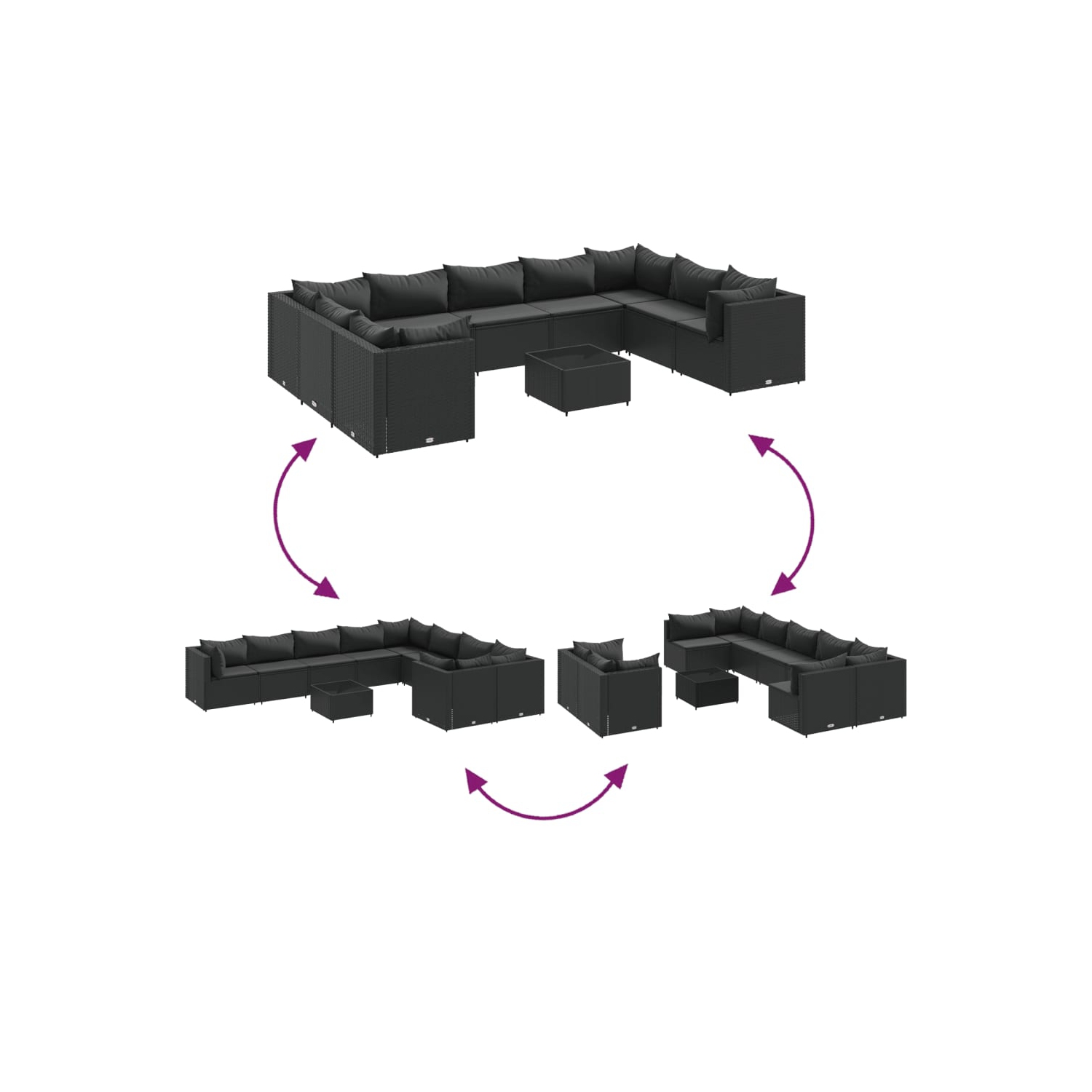 Ensemble de 10 pièces avec divan et coussins en rotin synthétique noir vidaXL