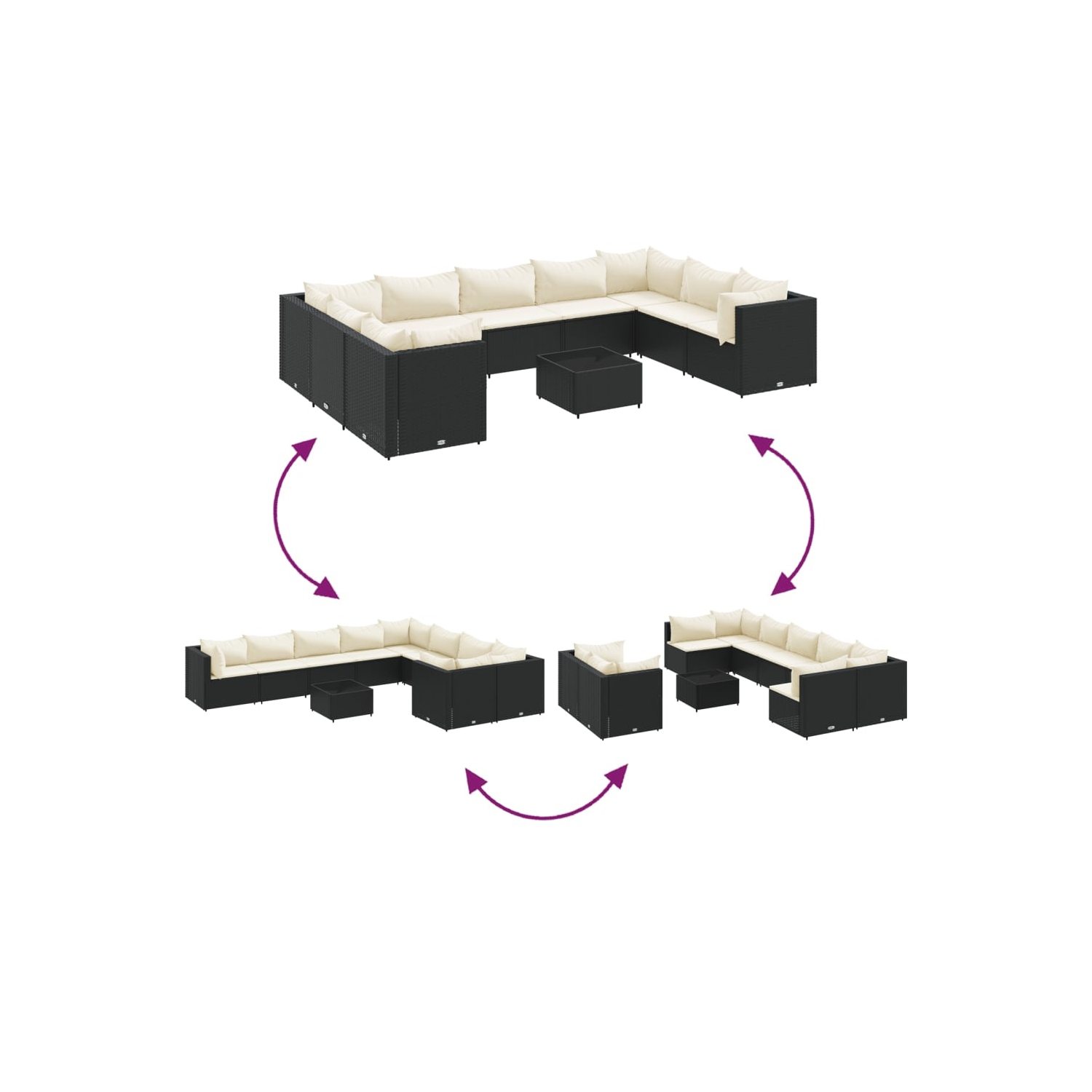 Ensemble de 10 pièces avec divan et coussins en rotin synthétique noir vidaXL