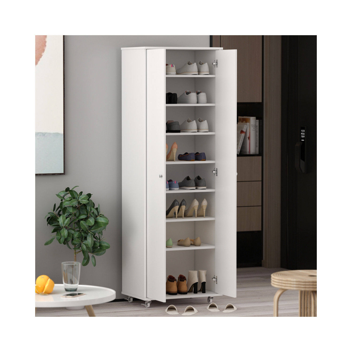 Famapy Tall Shoe Storage Cabinet with Multiple Shelves and Rolling Casters White