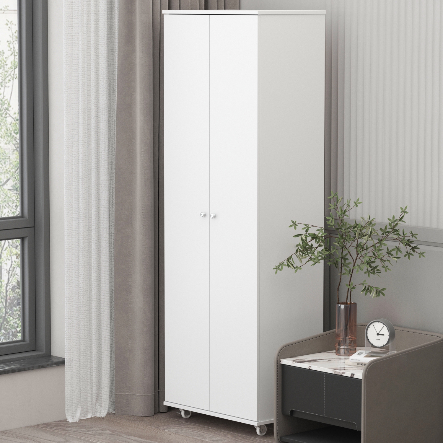 Famapy Tall Shoe Storage Cabinet with Multiple Shelves and Rolling Casters White