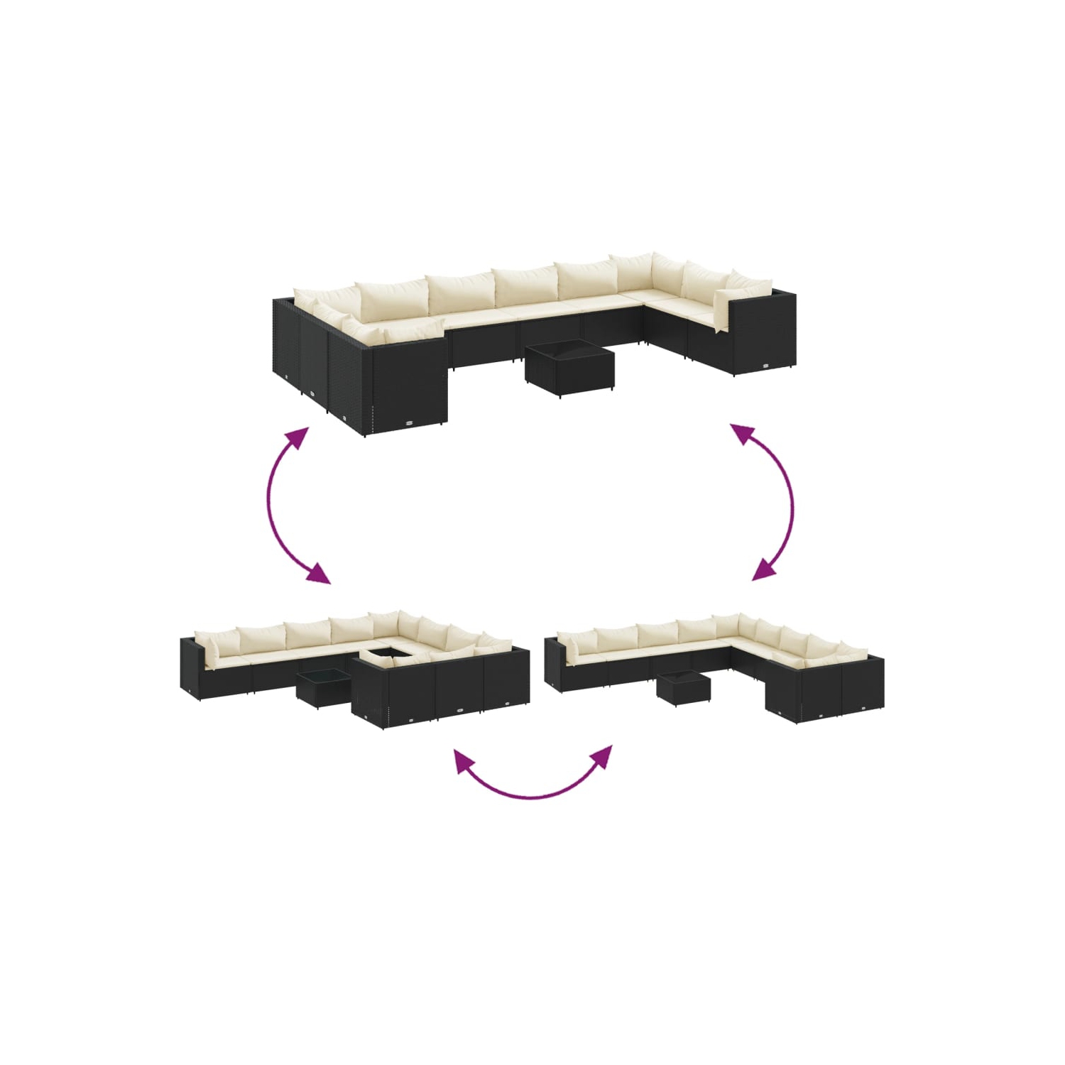Ensemble de 11 pièces avec divan et coussins en rotin synthétique noir vidaXL