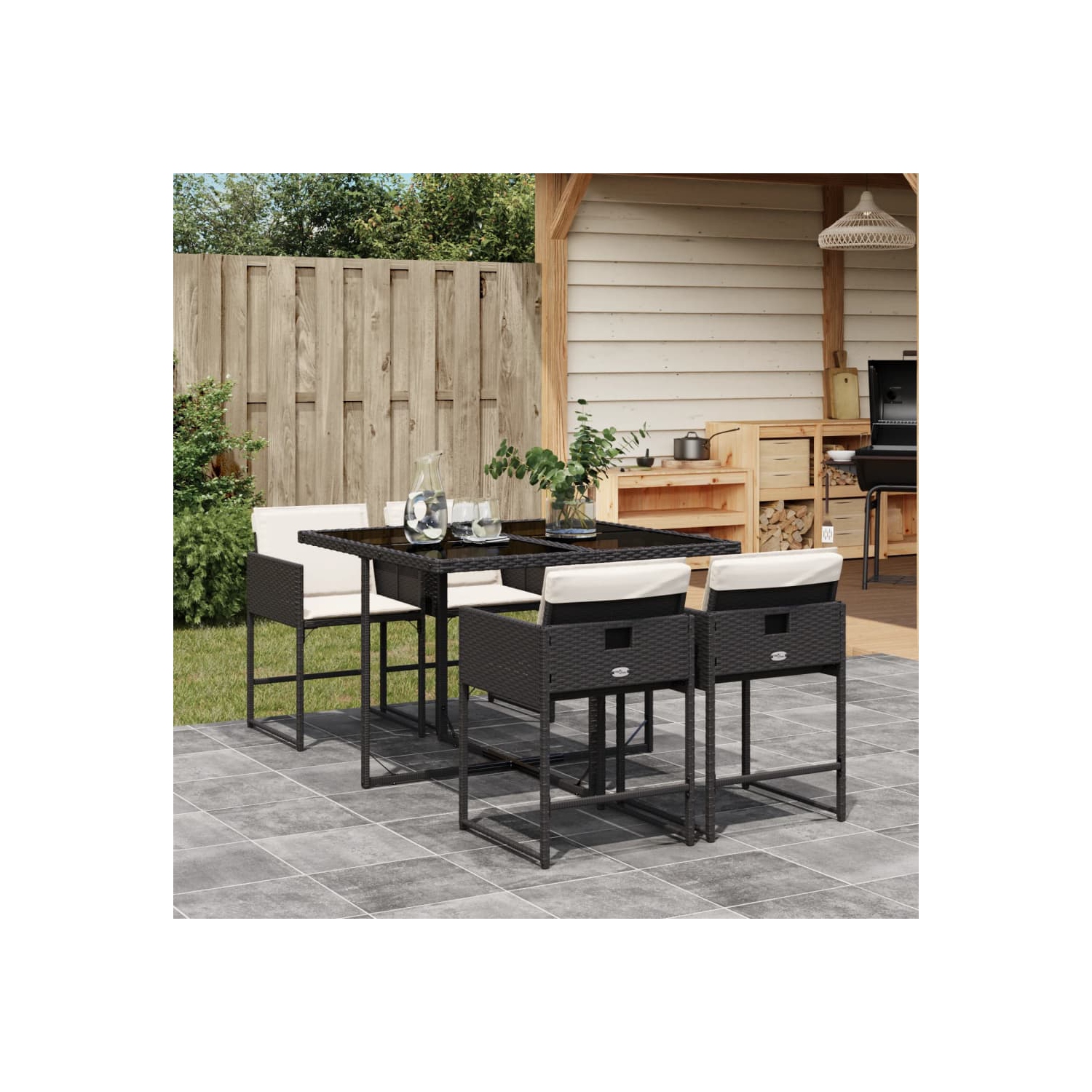 vidaXL 5 Piece Garden Dining Set with Cushions Black Poly Rattan