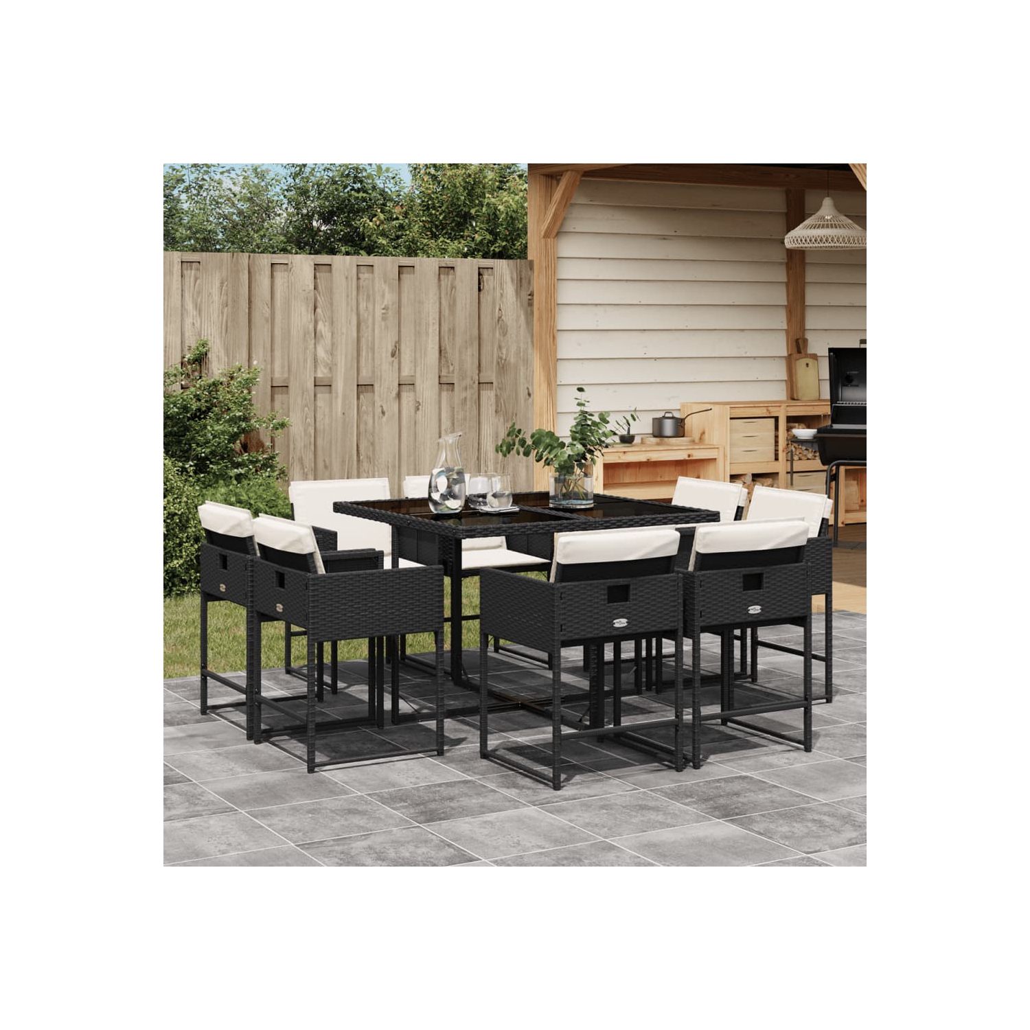 Ensemble de salle à manger de jardin de 9 pièces avec coussins en rotin de polyester noir vidaXL