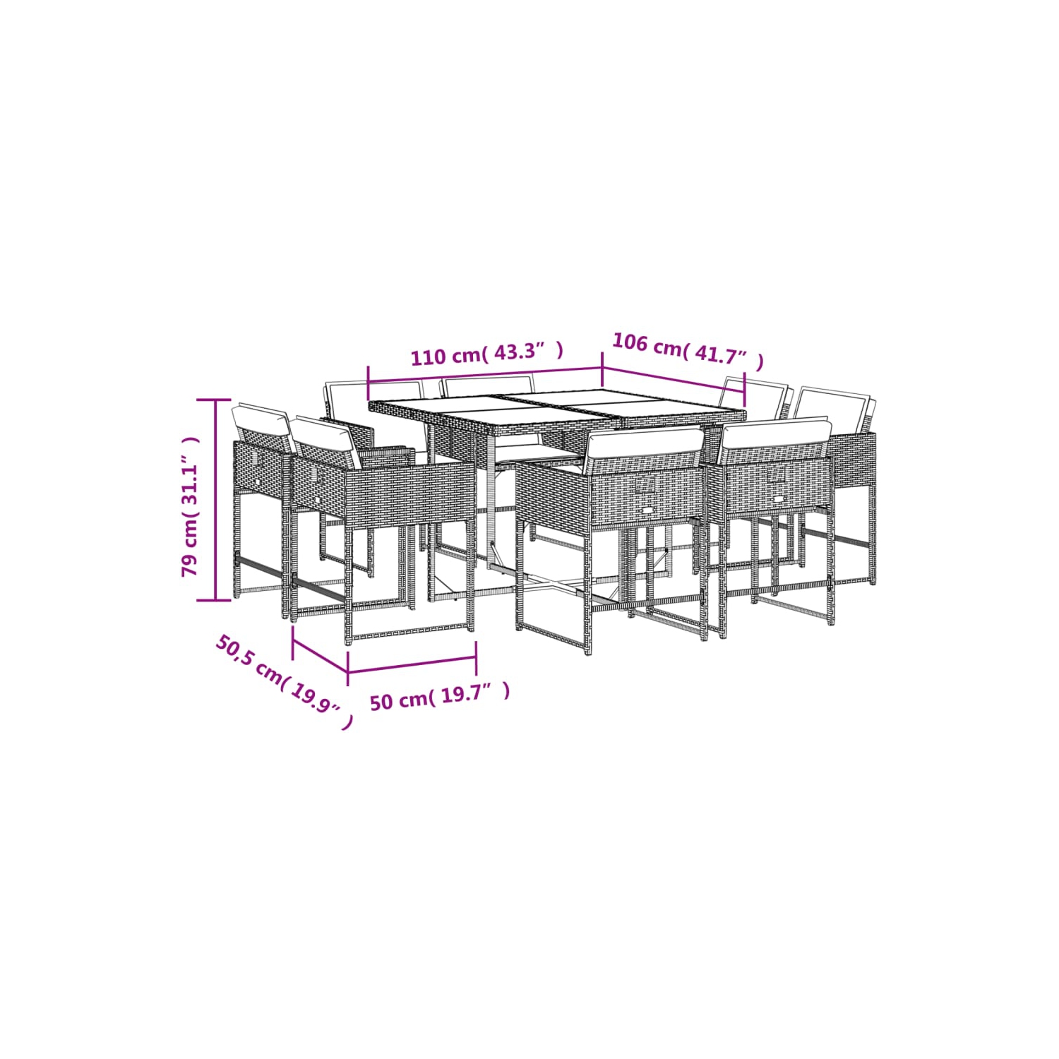 Ensemble de salle à manger de jardin de 9 pièces avec coussins en rotin de polyester noir vidaXL