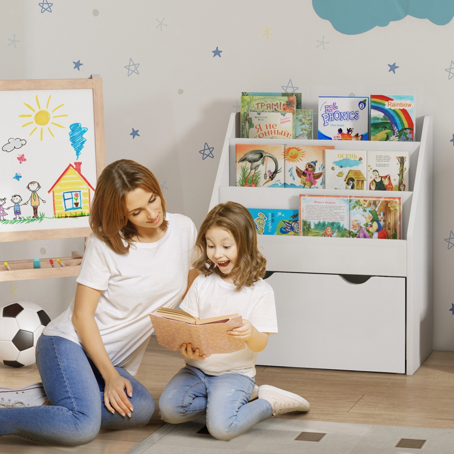 Bibliothèque pour enfants Qaba, bibliothèque rangement pour jouets avec 3 tablettes de présentation, tiroir, pour chambre de bébé, chambre, salon,