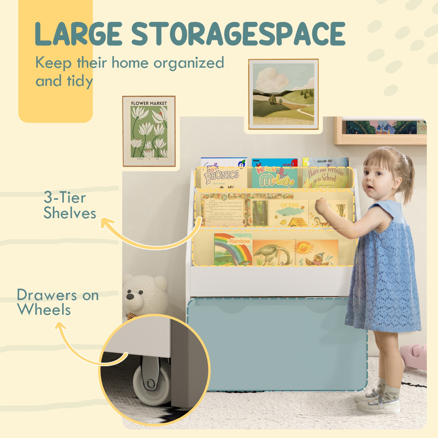 Bibliothèque pour enfants Qaba, bibliothèque rangement pour jouets avec 3 tablettes de présentation, tiroir, pour chambre de bébé, chambre, salon,