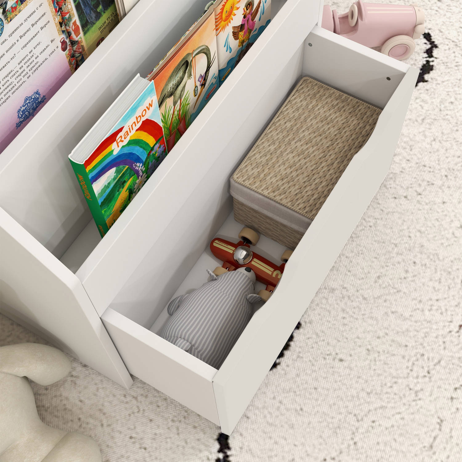 Bibliothèque pour enfants Qaba, bibliothèque rangement pour jouets avec 3 tablettes de présentation, tiroir, pour chambre de bébé, chambre, salon,