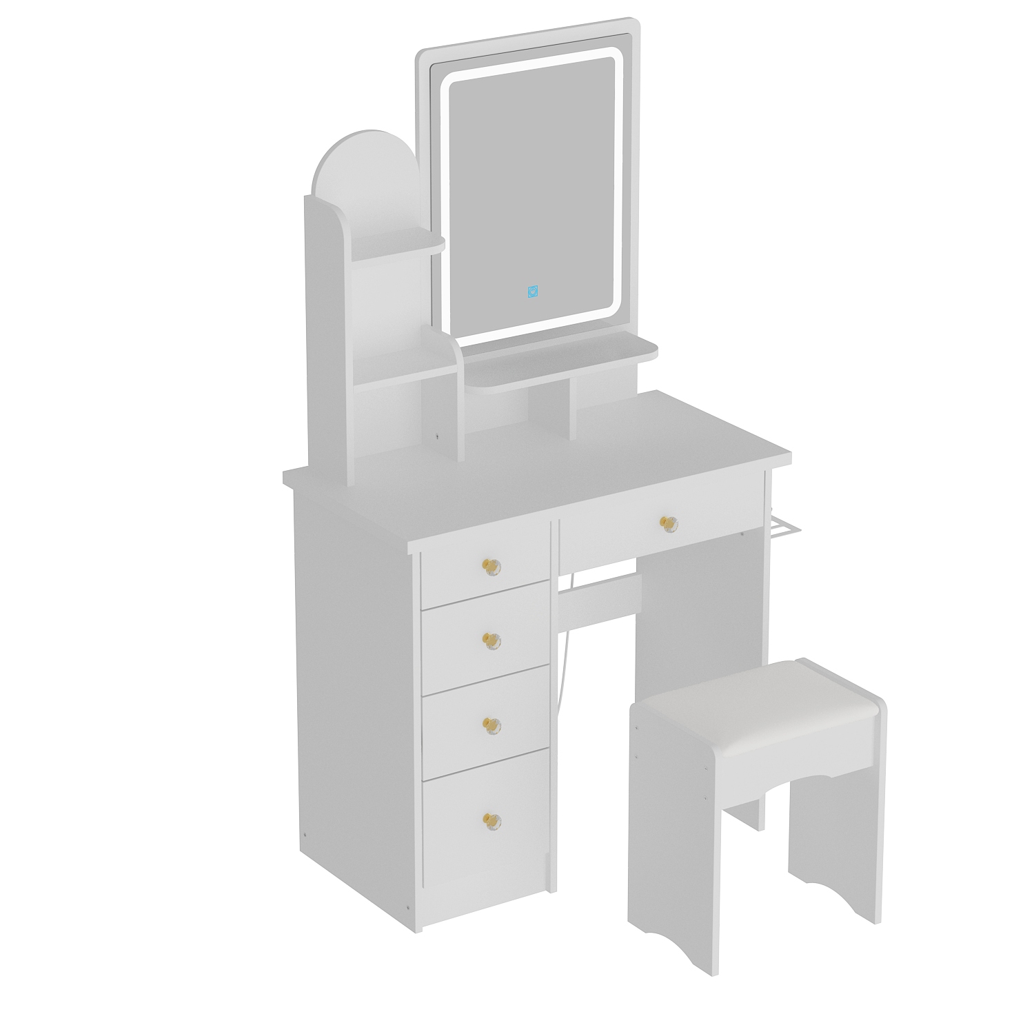 Famapy Vanity Desk Set Makeup Table with Large Lighted Mirror, Dressing Table with 5 Drawers, Storage Shelves & Cushioned Stool for Bedroom(31.5" W x