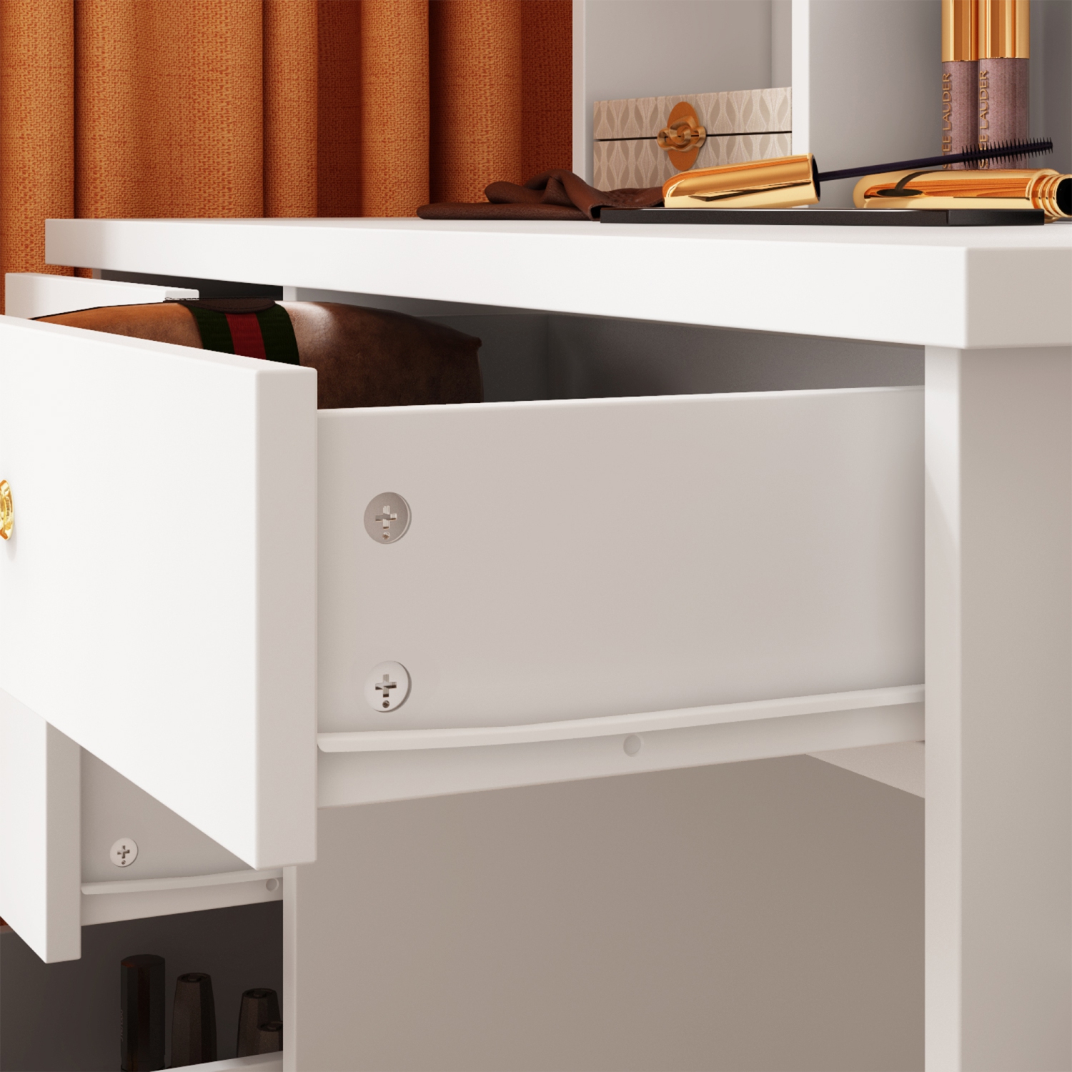 Famapy Vanity Desk Set Makeup Table with Large Lighted Mirror, Dressing Table with 5 Drawers, Storage Shelves & Cushioned Stool for Bedroom(31.5" W x