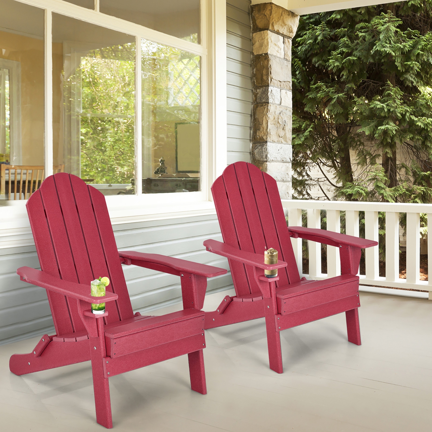 Gymax Patiojoy Folding Patio Adirondack Chair Weather Resistant Cup Holder Yard Red