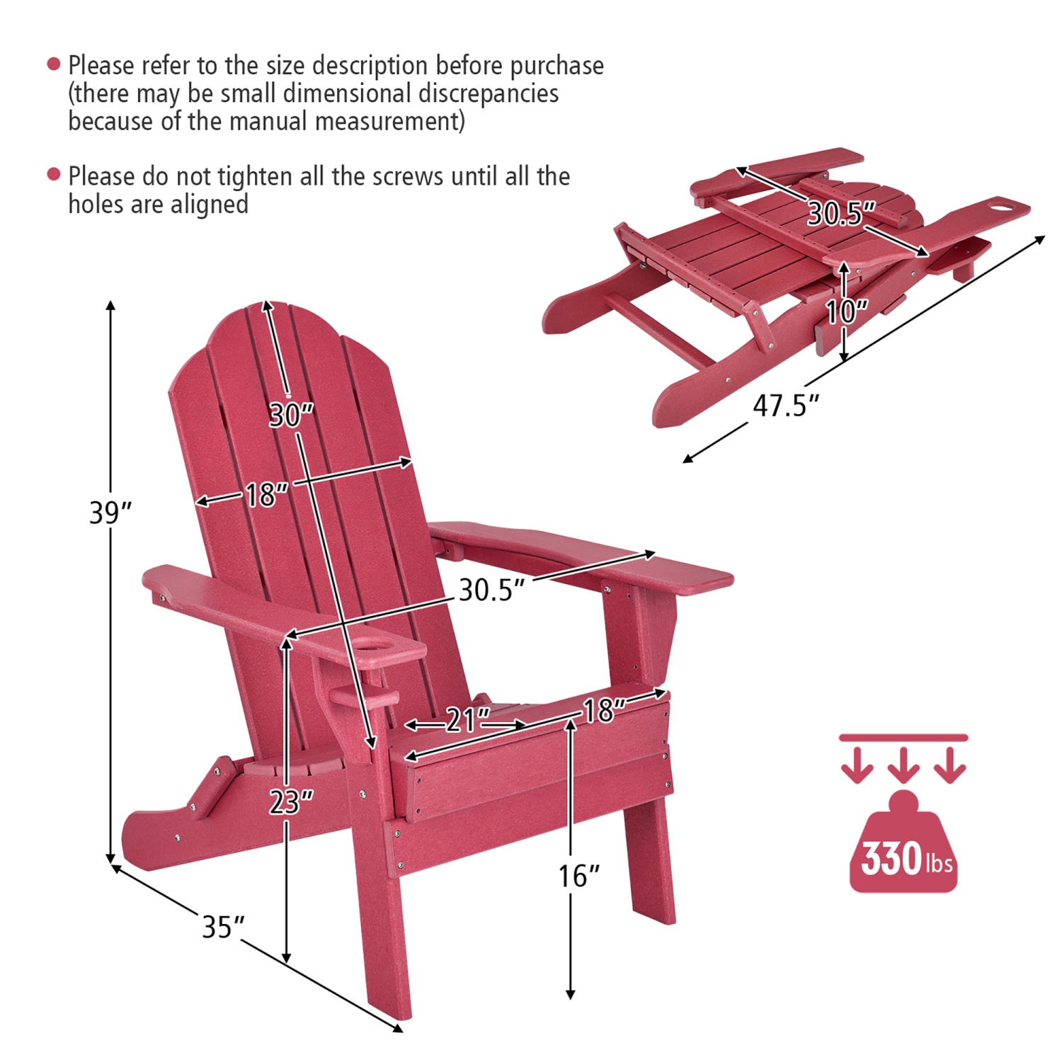 Gymax Patiojoy Folding Patio Adirondack Chair Weather Resistant Cup Holder Yard Red