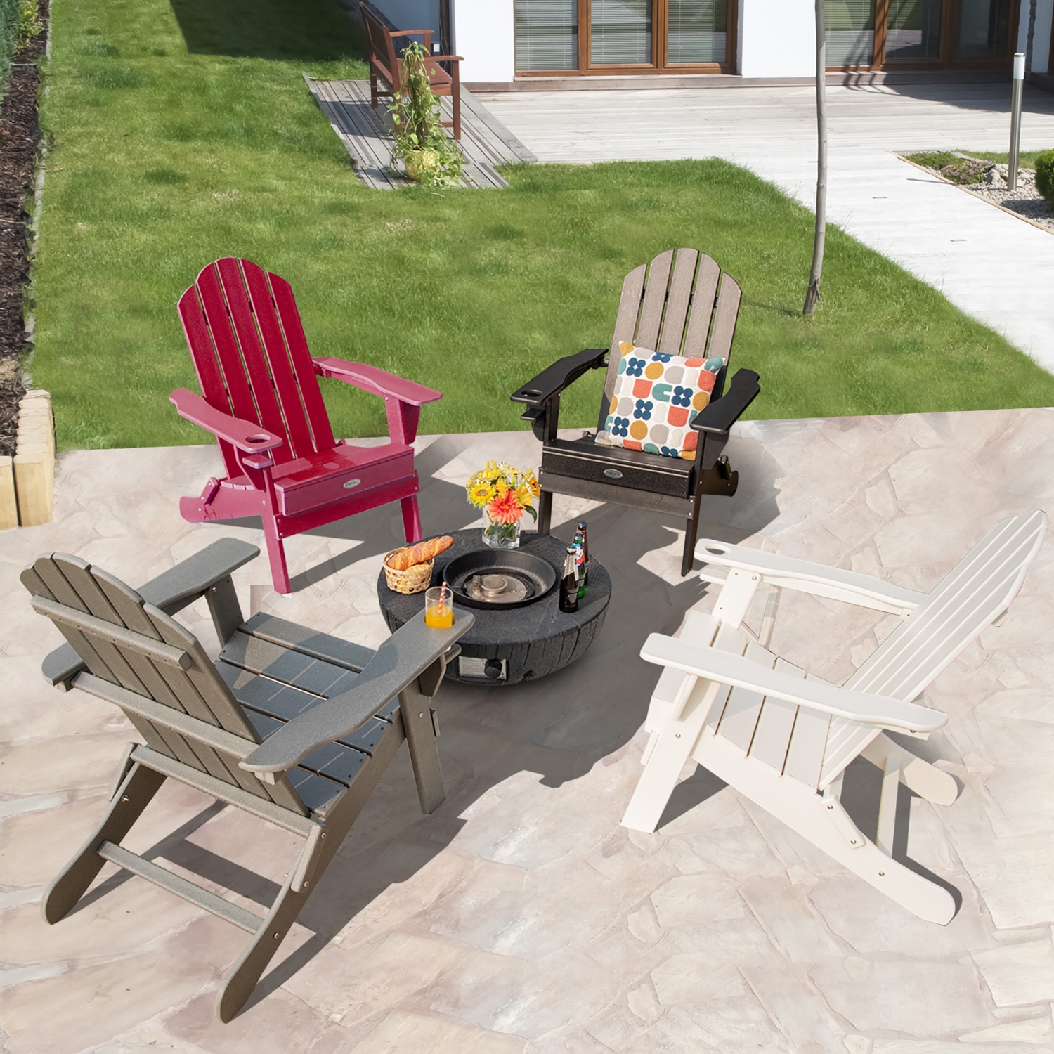 Gymax Patiojoy Folding Patio Adirondack Chair Weather Resistant Cup Holder Yard Red