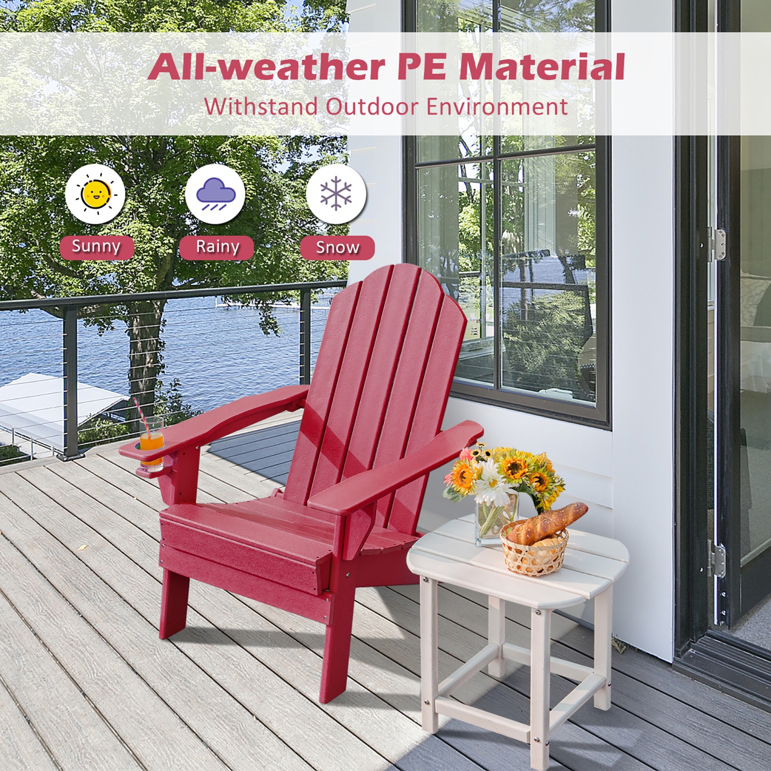 Gymax Patiojoy Folding Patio Adirondack Chair Weather Resistant Cup Holder Yard Red