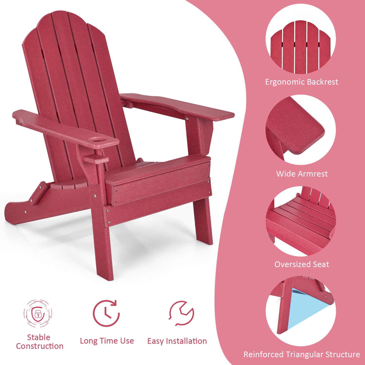 Gymax Patiojoy Folding Patio Adirondack Chair Weather Resistant Cup Holder Yard Red
