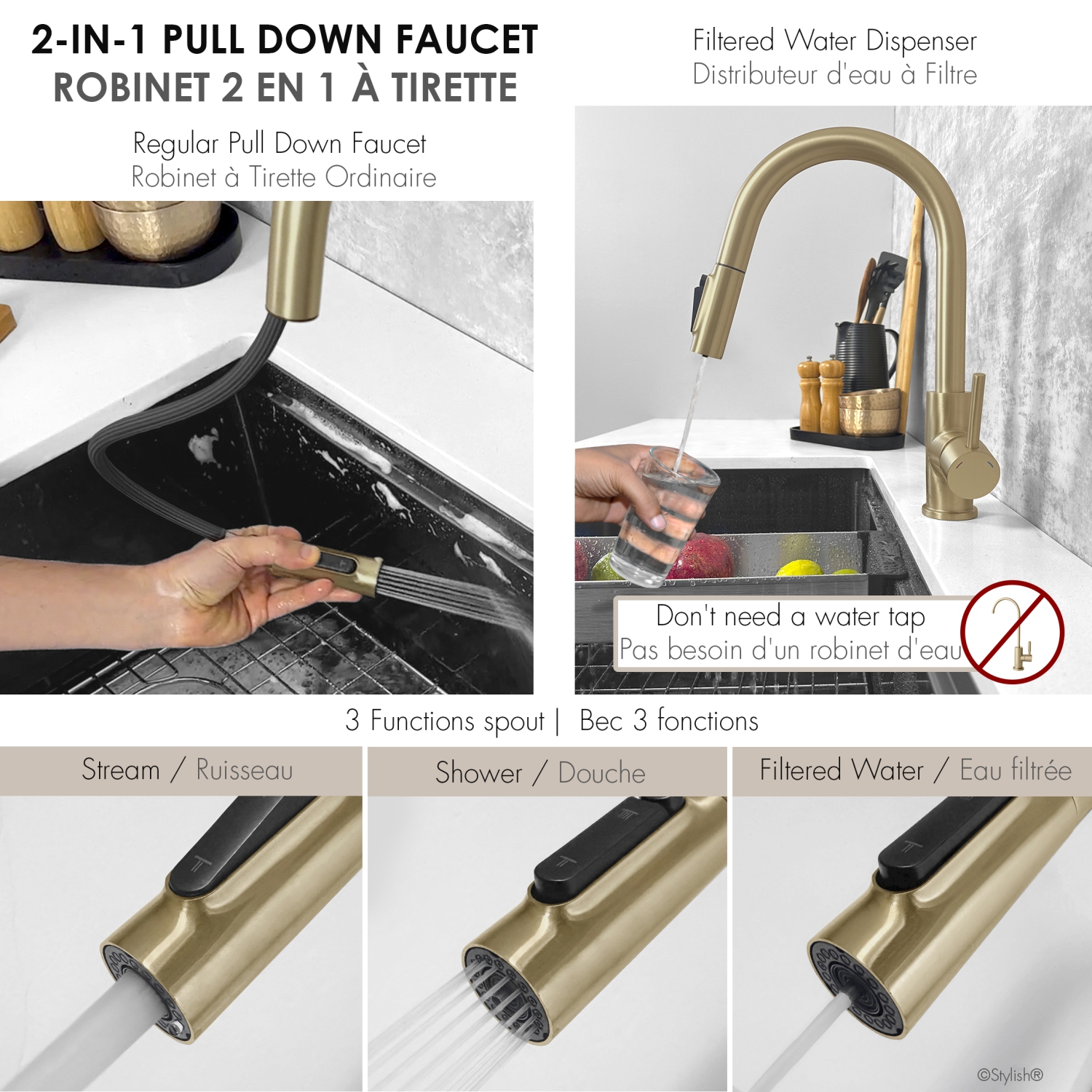 Modena Single Handle Brushed Gold Pull Down Kitchen Faucet with Reversible Osmosis