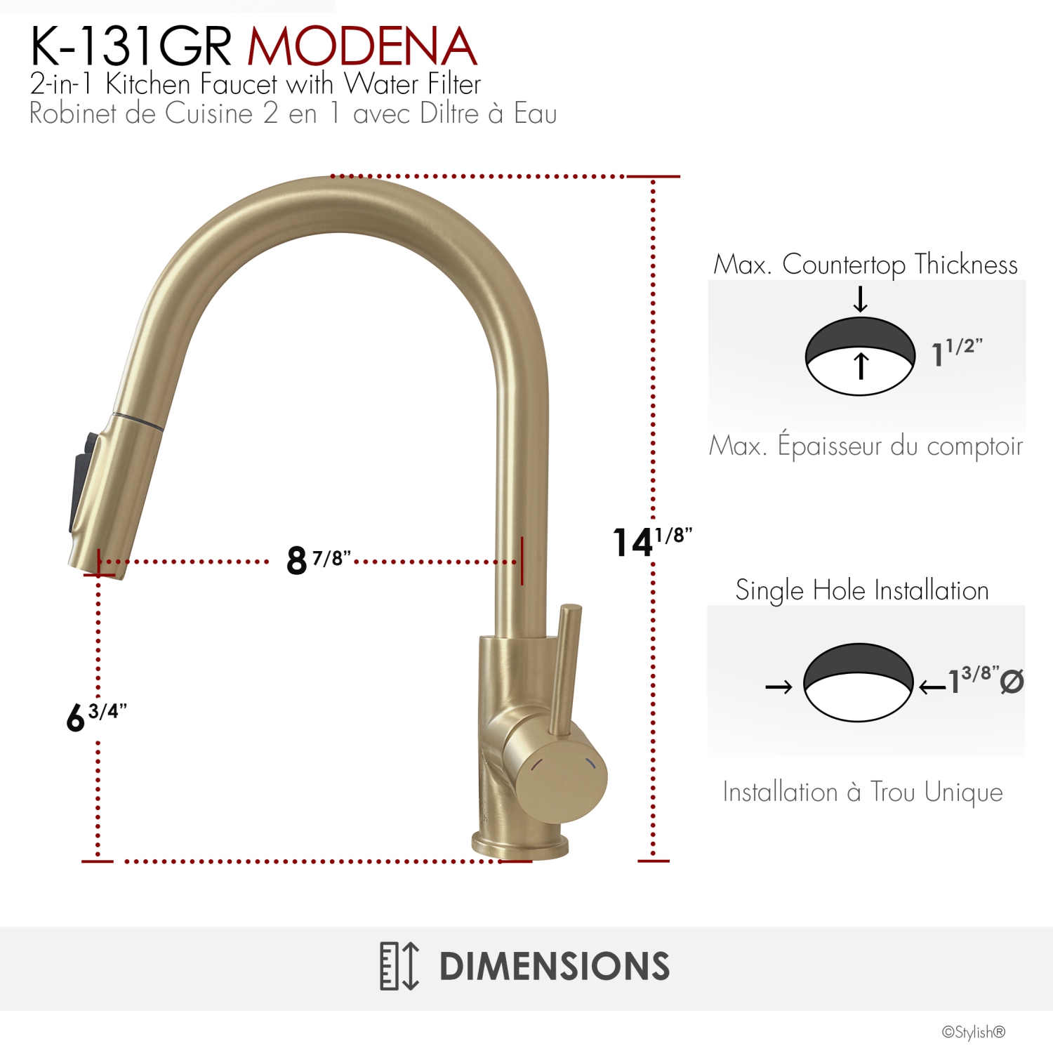 Modena Single Handle Brushed Gold Pull Down Kitchen Faucet with Reversible Osmosis