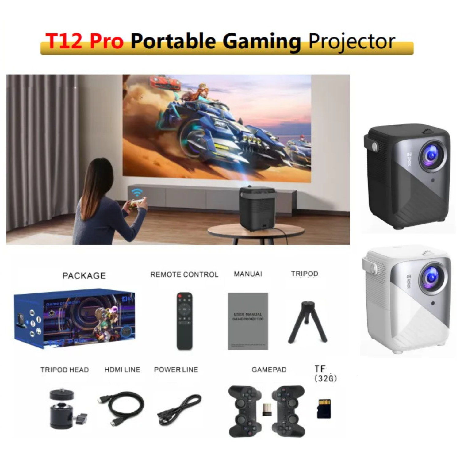 TUTT T12 Pro 4K Gaming Projector Home Theatre Wifi & Bluetooth, 600ANSI Native Auto Focus Home Theater Smart Project Up to 150” Premium Accessories