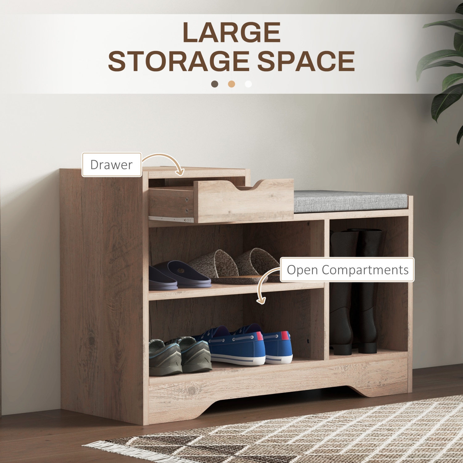 HOMCOM Shoe Bench with Storage, Modern Upholstered Entryway Bench with Shelves, Drawer, Table Top and Padded Cushion for Living Room, Hallway, Grey