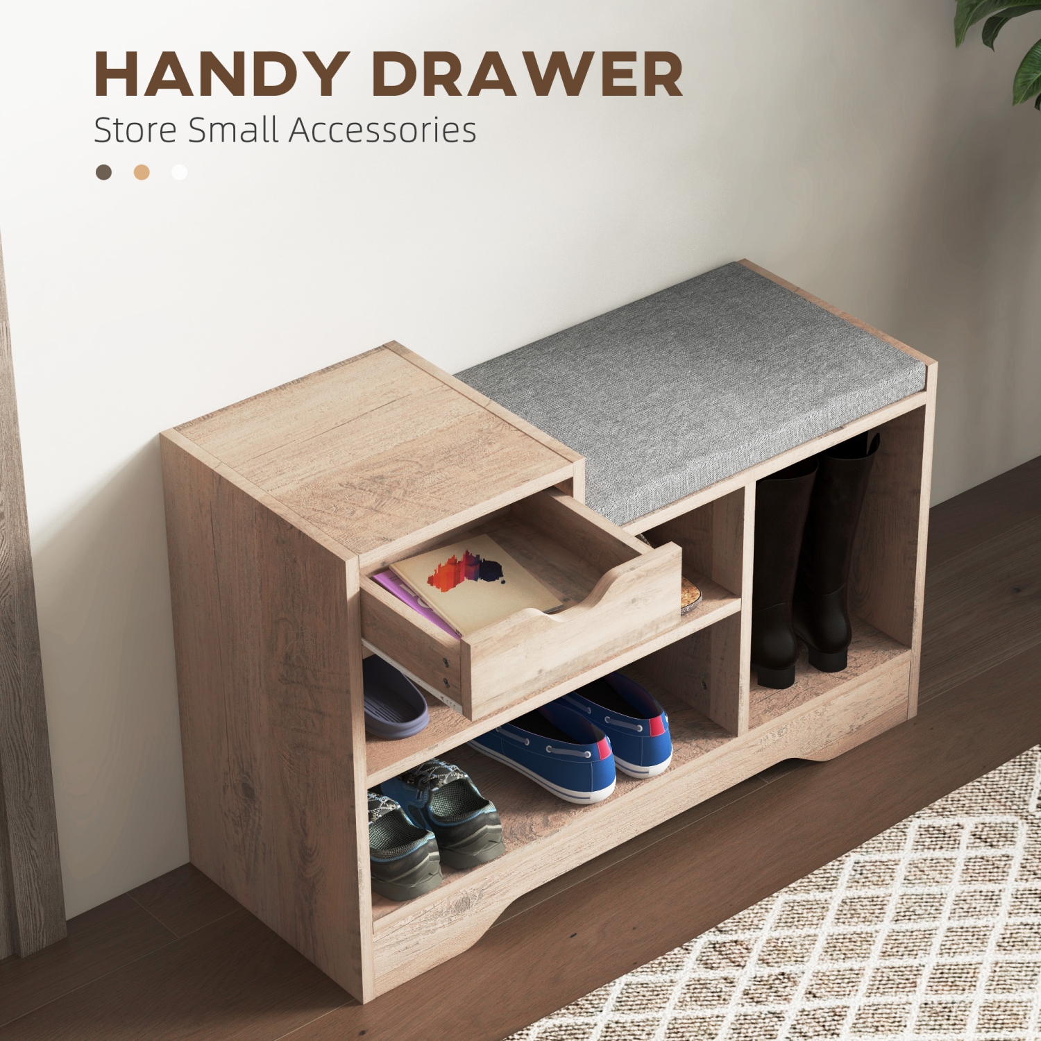 HOMCOM Shoe Bench with Storage, Modern Upholstered Entryway Bench with Shelves, Drawer, Table Top and Padded Cushion for Living Room, Hallway, Grey